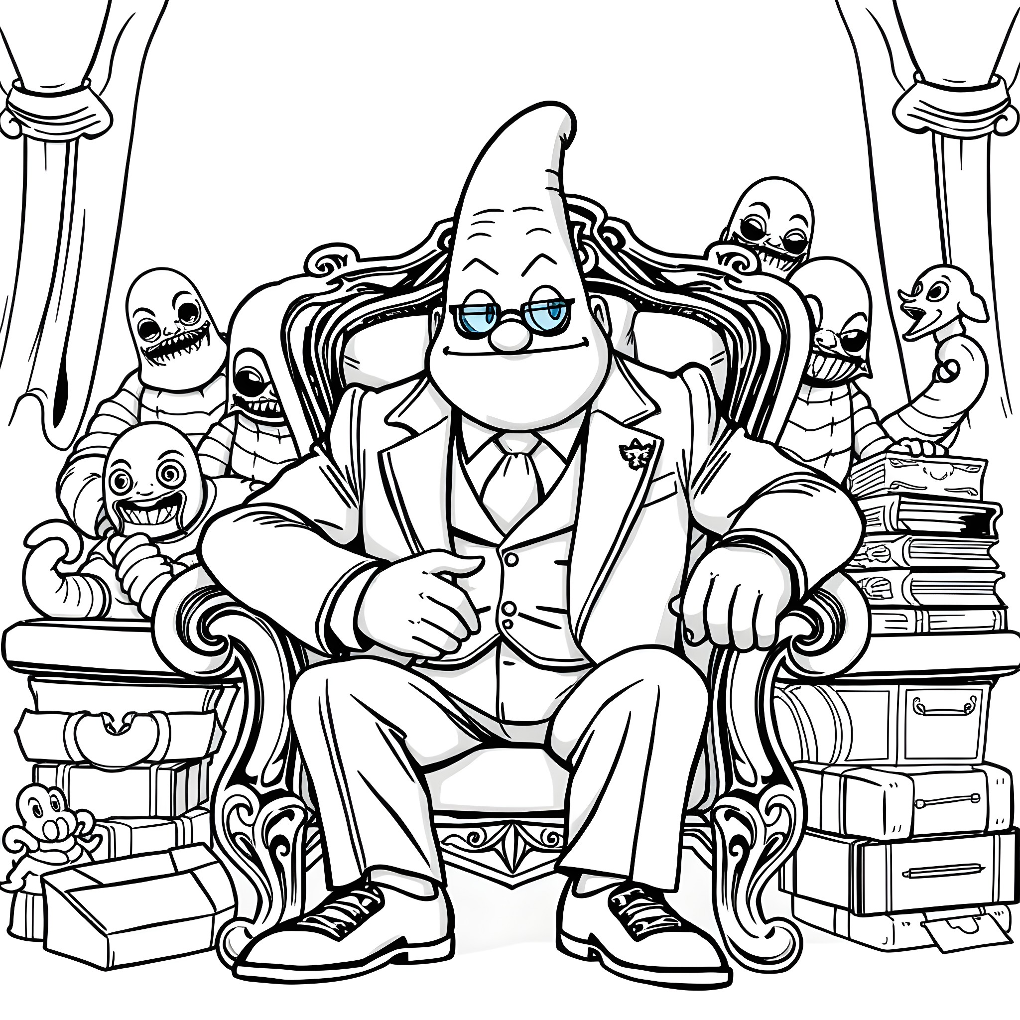 Patrick Star surrounded by his friends in an imaginative scene Coloring Page (free black-and-white line drawing printable PDF for all, from beginners to advanced learners, including children, teens, adults, and seniors)