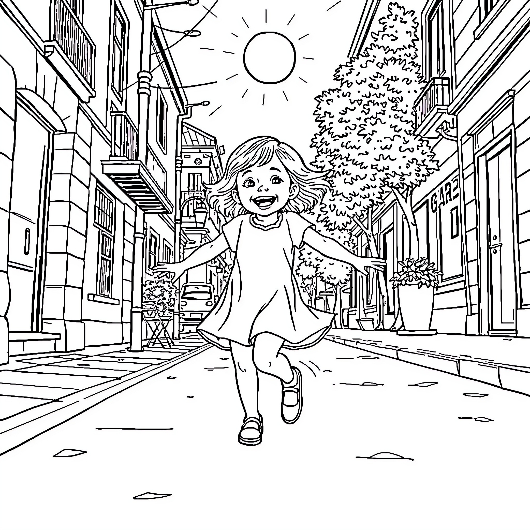 Girl happily running down a city street Coloring Page (free black-and-white line drawing printable PDF for all, from beginners to advanced learners, including children, teens, adults, and seniors)