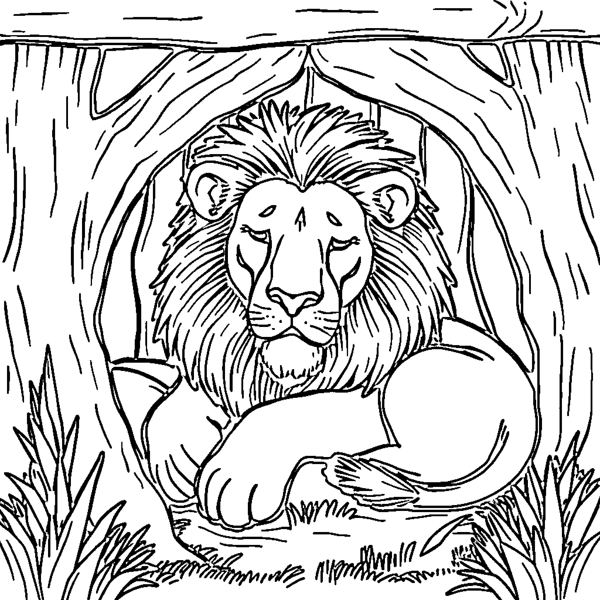 Lion resting peacefully in the wild Coloring Page (free black-and-white line drawing printable PDF for all, from beginners to advanced learners, including children, teens, adults, and seniors)