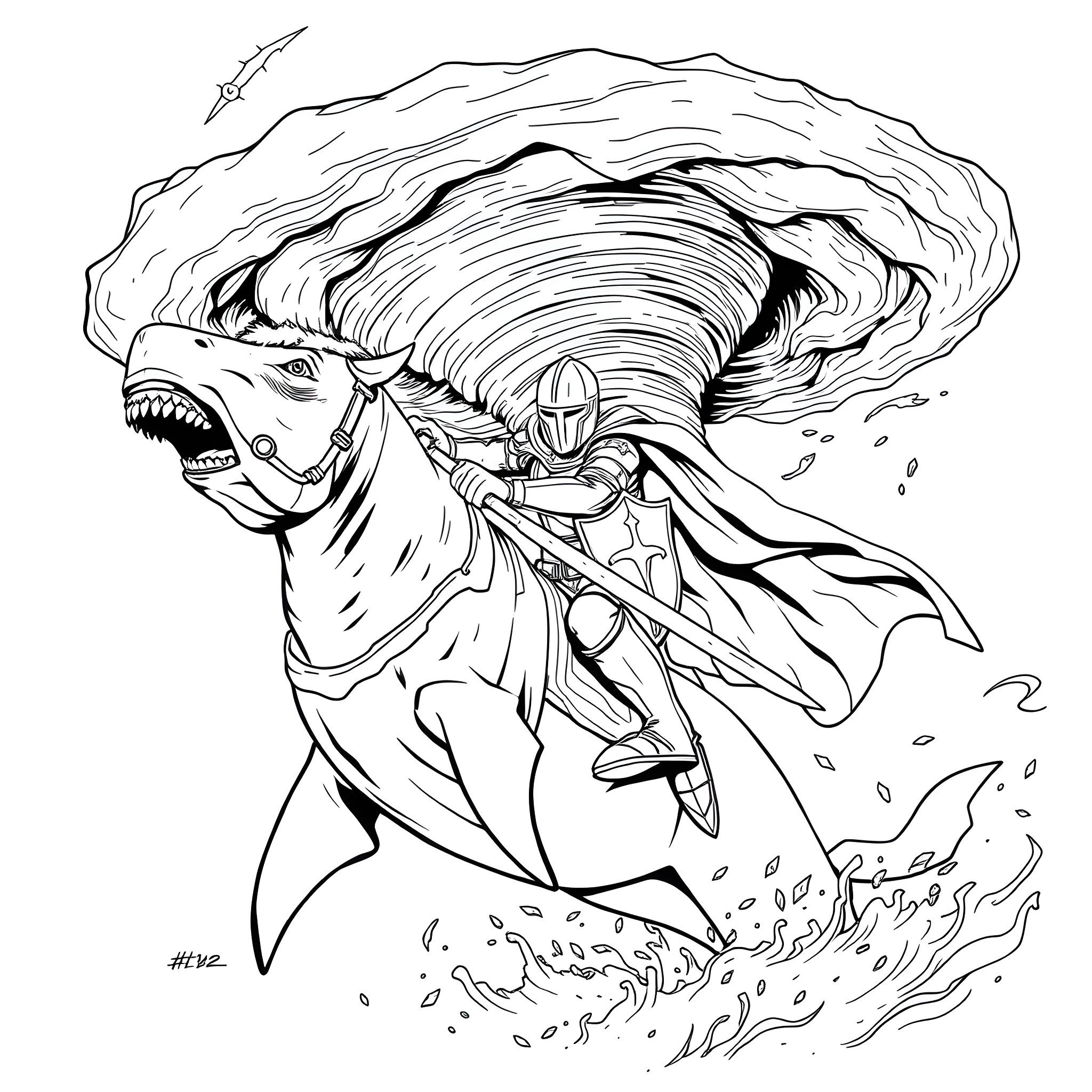 Knight battling a fierce sea monster Coloring Page (free black-and-white line drawing printable PDF for all, from beginners to advanced learners, including children, teens, adults, and seniors)