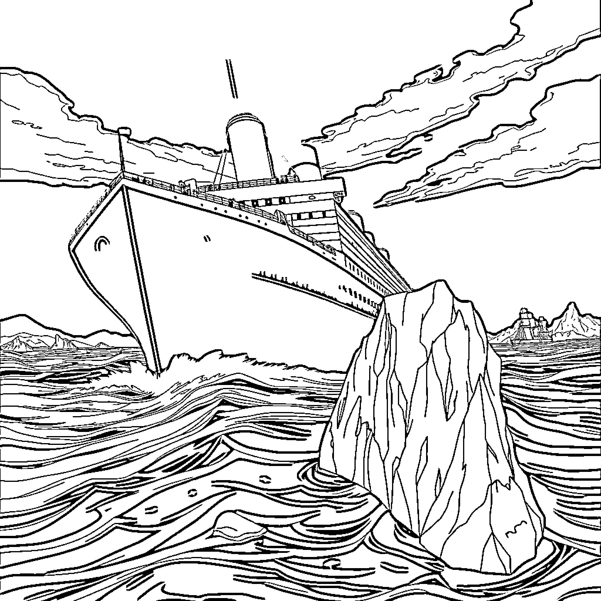 Titanic ocean liner sinking in dramatic waves Coloring Page (free black-and-white line drawing printable PDF for all, from beginners to advanced learners, including children, teens, adults, and seniors)