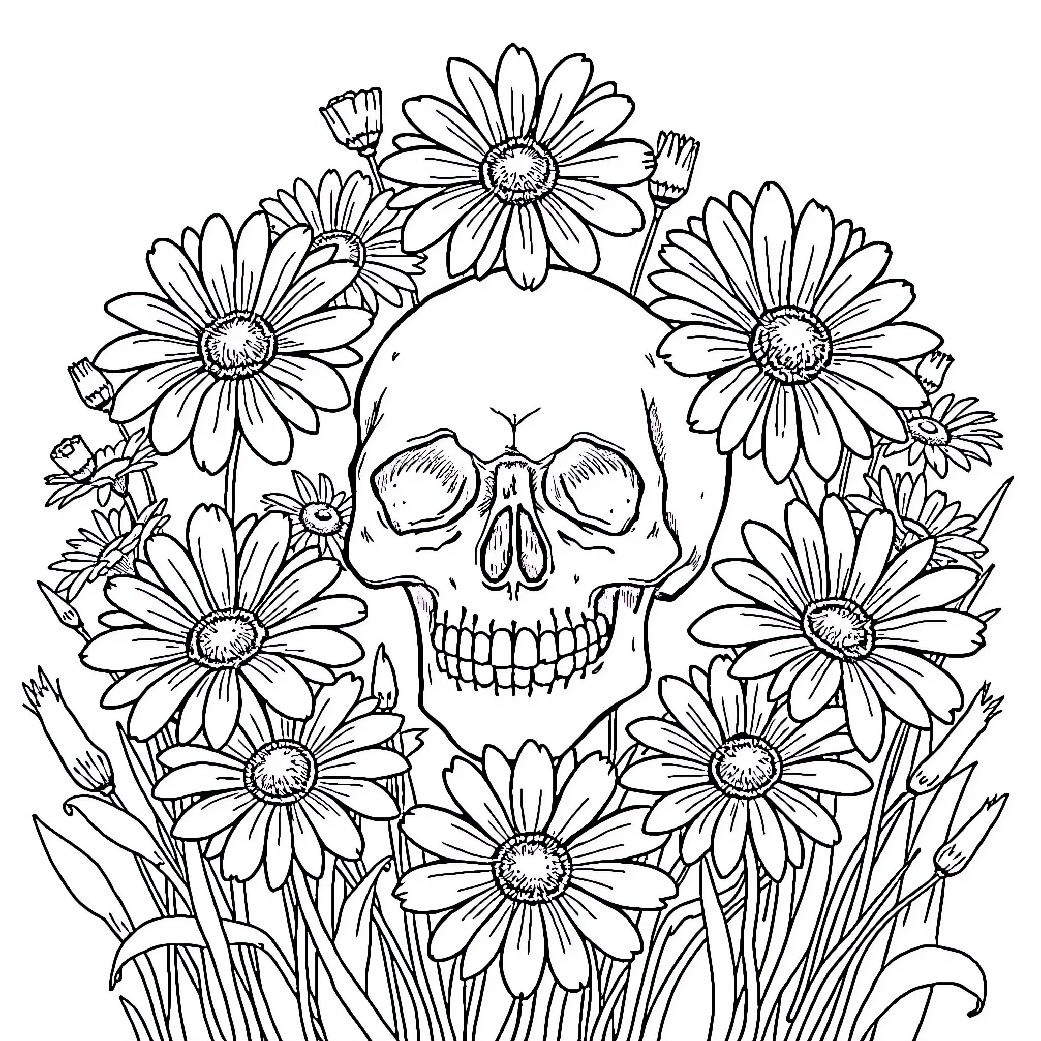 Daisy skull surrounded by floral arrangement Coloring Page (free black-and-white line drawing printable PDF for all, from beginners to advanced learners, including children, teens, adults, and seniors)