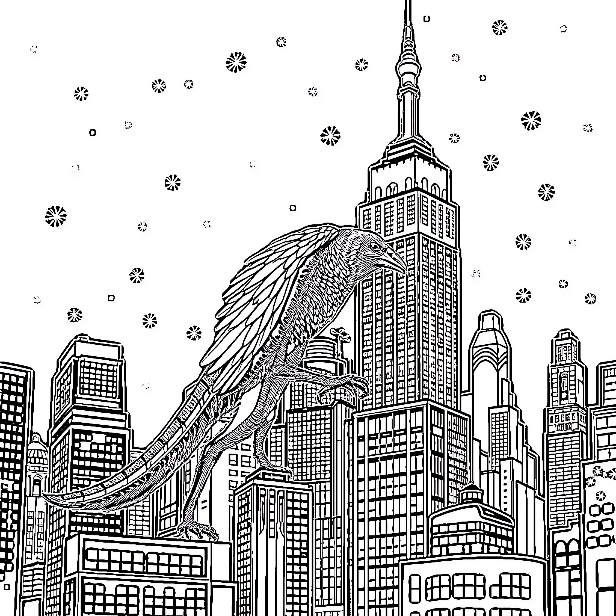 Spider soaring high above the city skyline Coloring Page (free black-and-white line drawing printable PDF for all, from beginners to advanced learners, including children, teens, adults, and seniors)