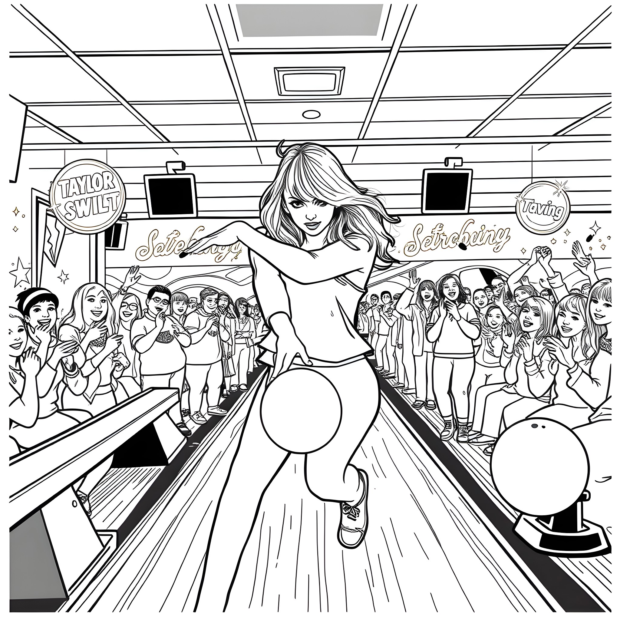 Taylor Swift performing on stage for adoring fans Coloring Page (free black-and-white line drawing printable PDF for all, from beginners to advanced learners, including children, teens, adults, and seniors)