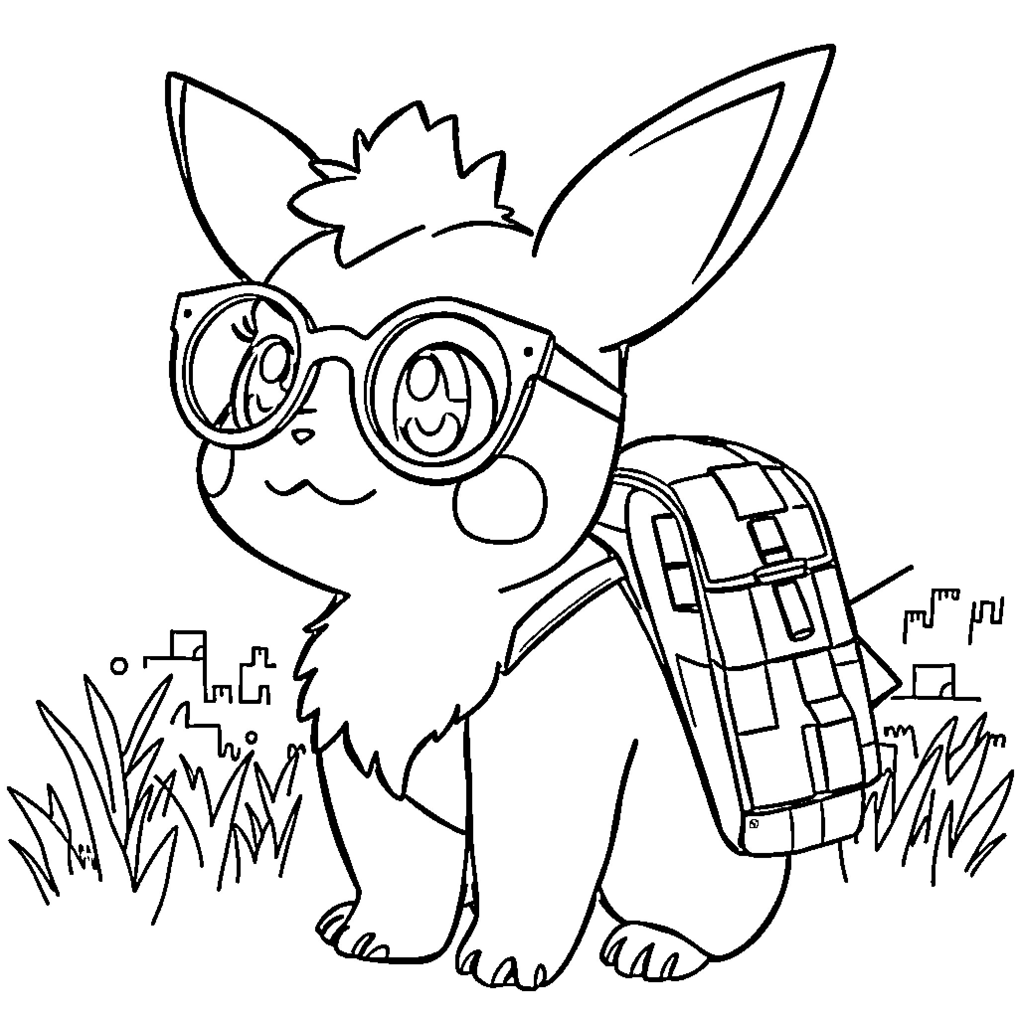 Pokémon Adventurer with Backpack in Nature Coloring Page (free black-and-white line drawing printable PDF for all, from beginners to advanced learners, including children, teens, adults, and seniors)