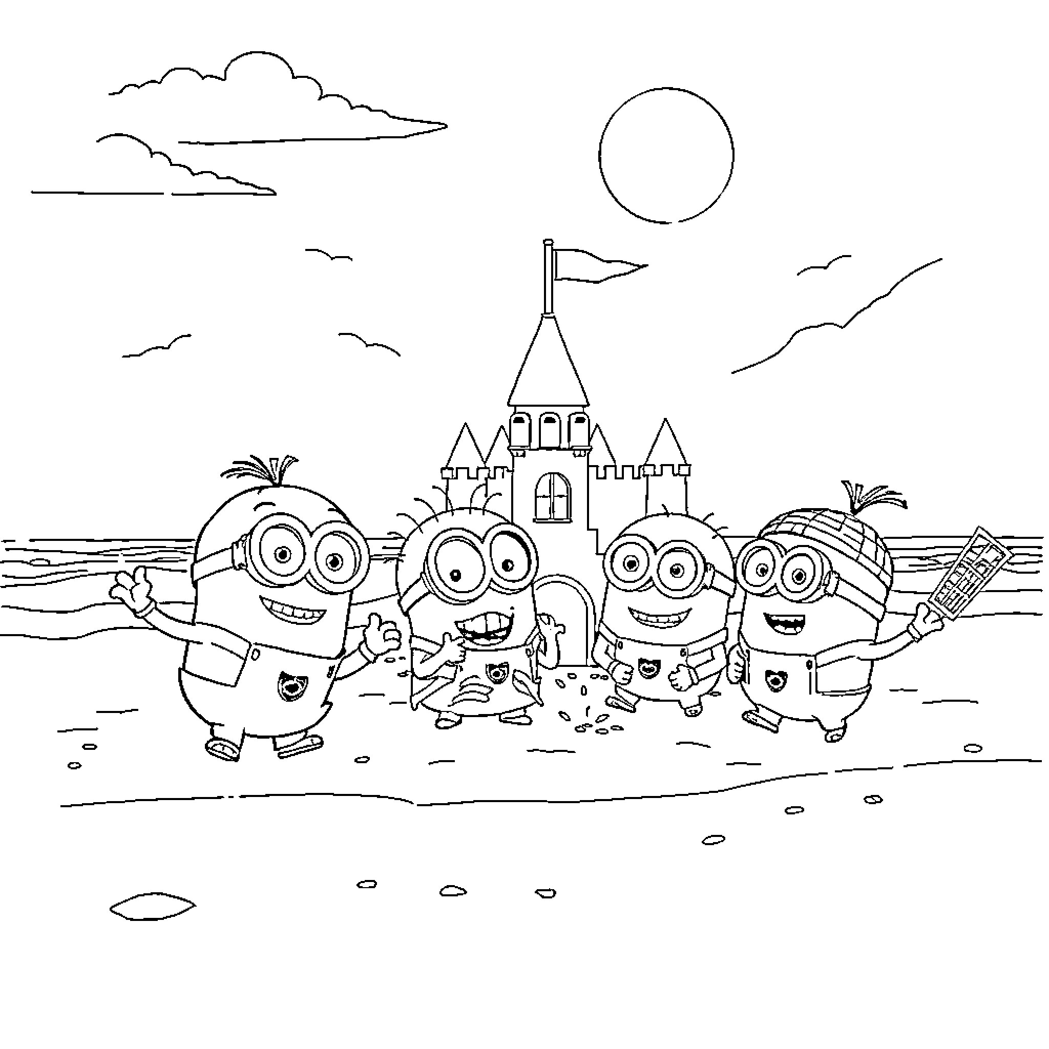 Minions celebrating together on a beach near a castle Coloring Page (free black-and-white line drawing printable PDF for all, from beginners to advanced learners, including children, teens, adults, and seniors)