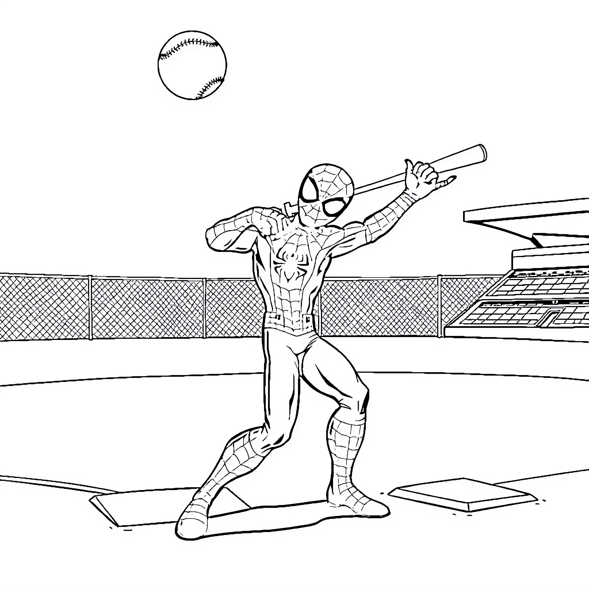 Spider-Man swinging into action on the baseball field Coloring Page (free black-and-white line drawing printable PDF for all, from beginners to advanced learners, including children, teens, adults, and seniors)