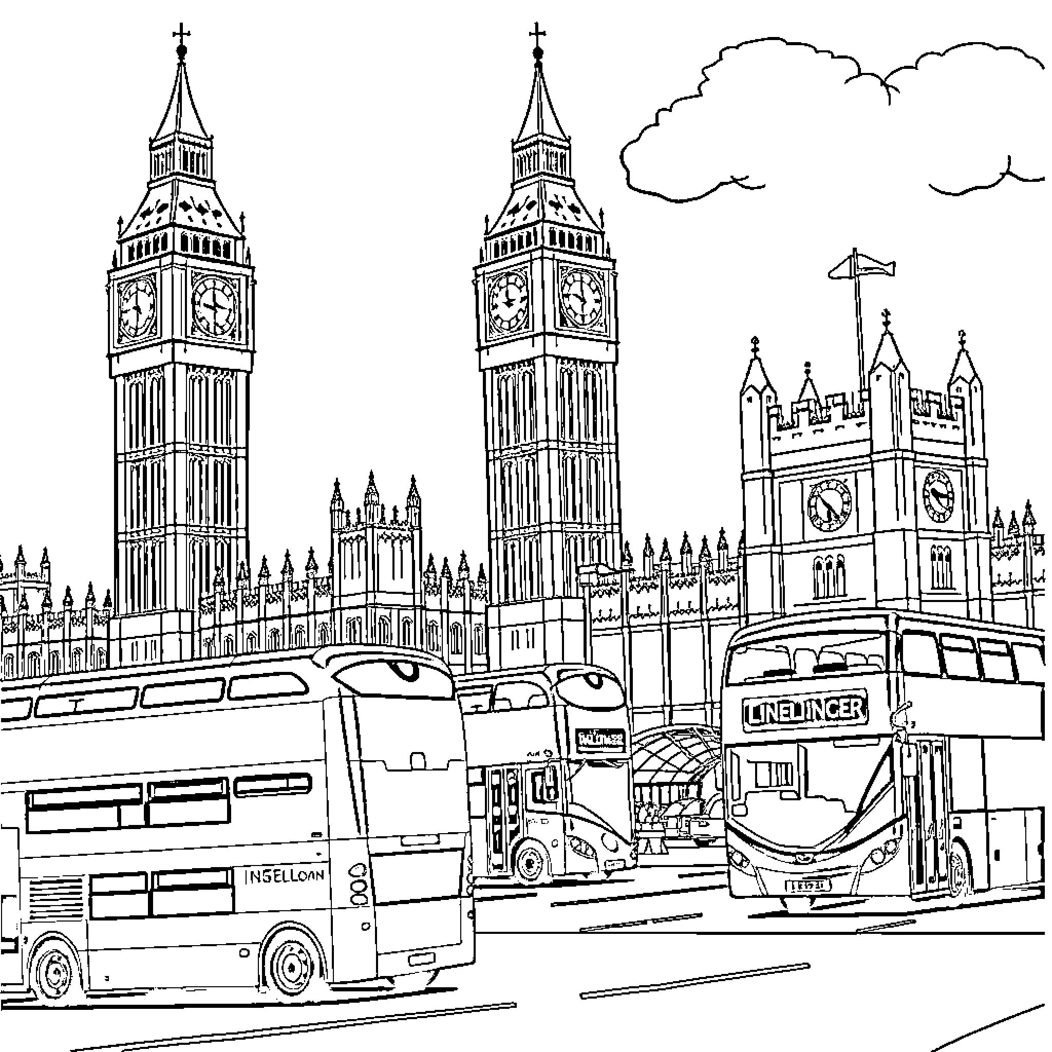 Big Ben and bustling London cityscape Coloring Page (free black-and-white line drawing printable PDF for all, from beginners to advanced learners, including children, teens, adults, and seniors)