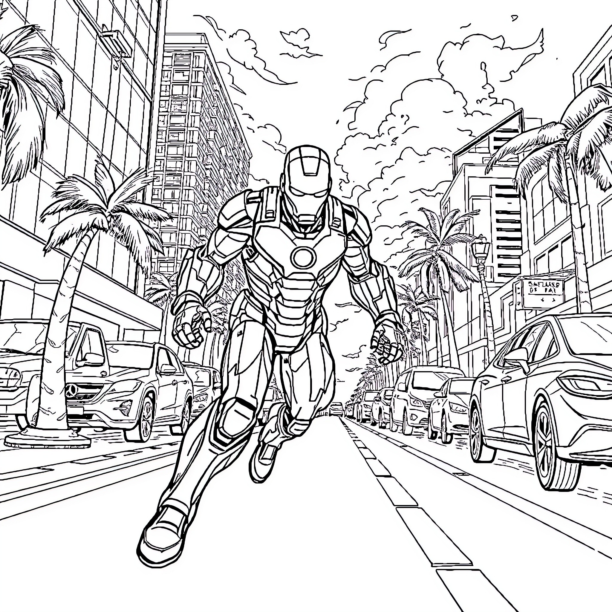 Ironman flying through the city streets Coloring Page (free black-and-white line drawing printable PDF for all, from beginners to advanced learners, including children, teens, adults, and seniors)