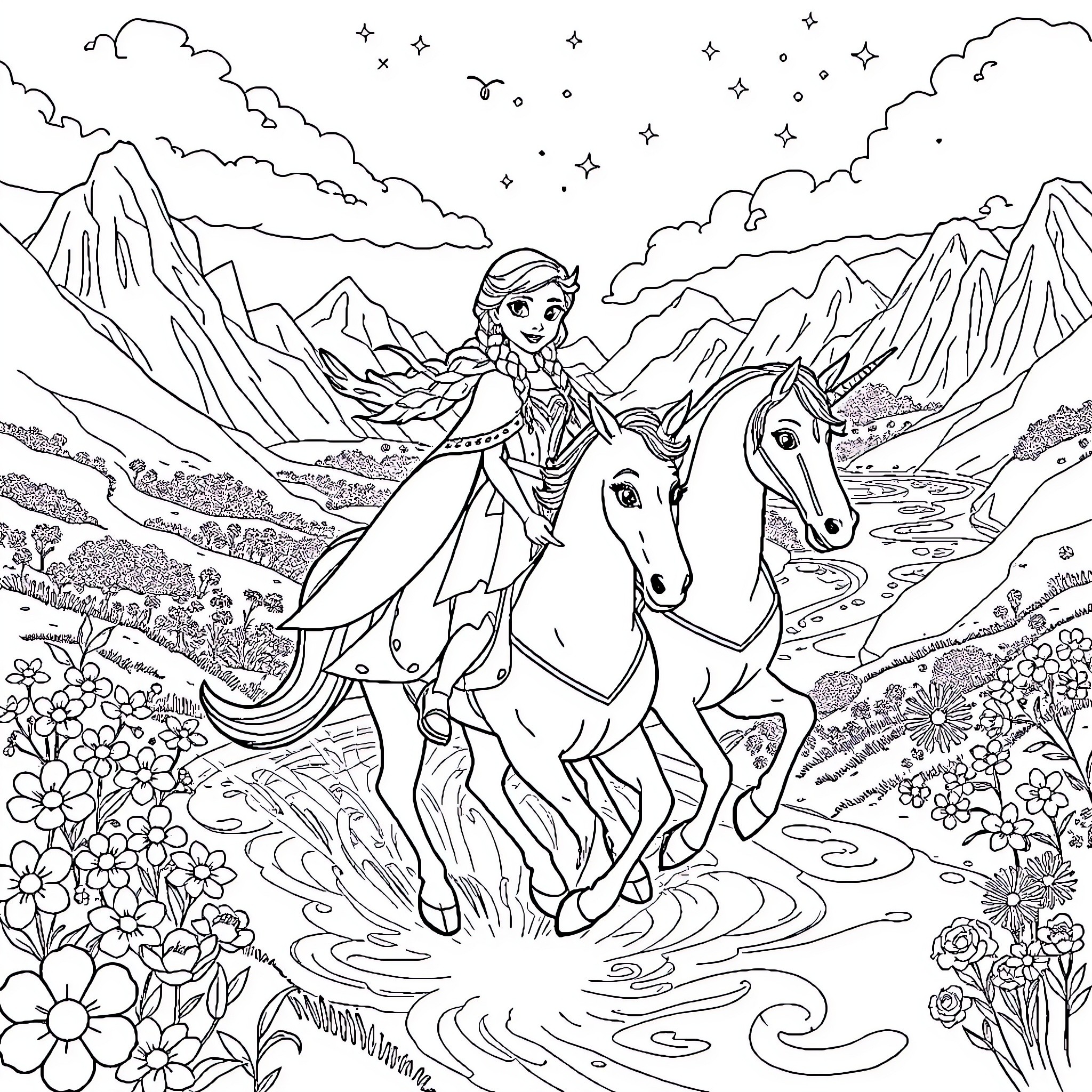 Unicorn rider galloping through enchanted landscape Coloring Page (free black-and-white line drawing printable PDF for all, from beginners to advanced learners, including children, teens, adults, and seniors)