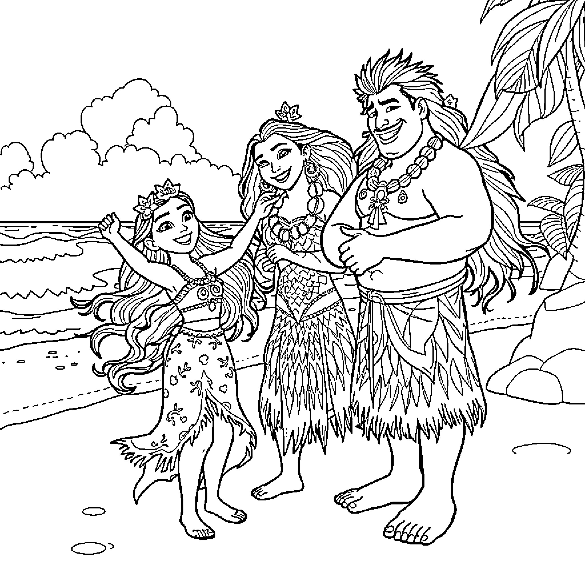 Vaiana and family enjoying a day on the beach Coloring Page (free black-and-white line drawing printable PDF for all, from beginners to advanced learners, including children, teens, adults, and seniors)