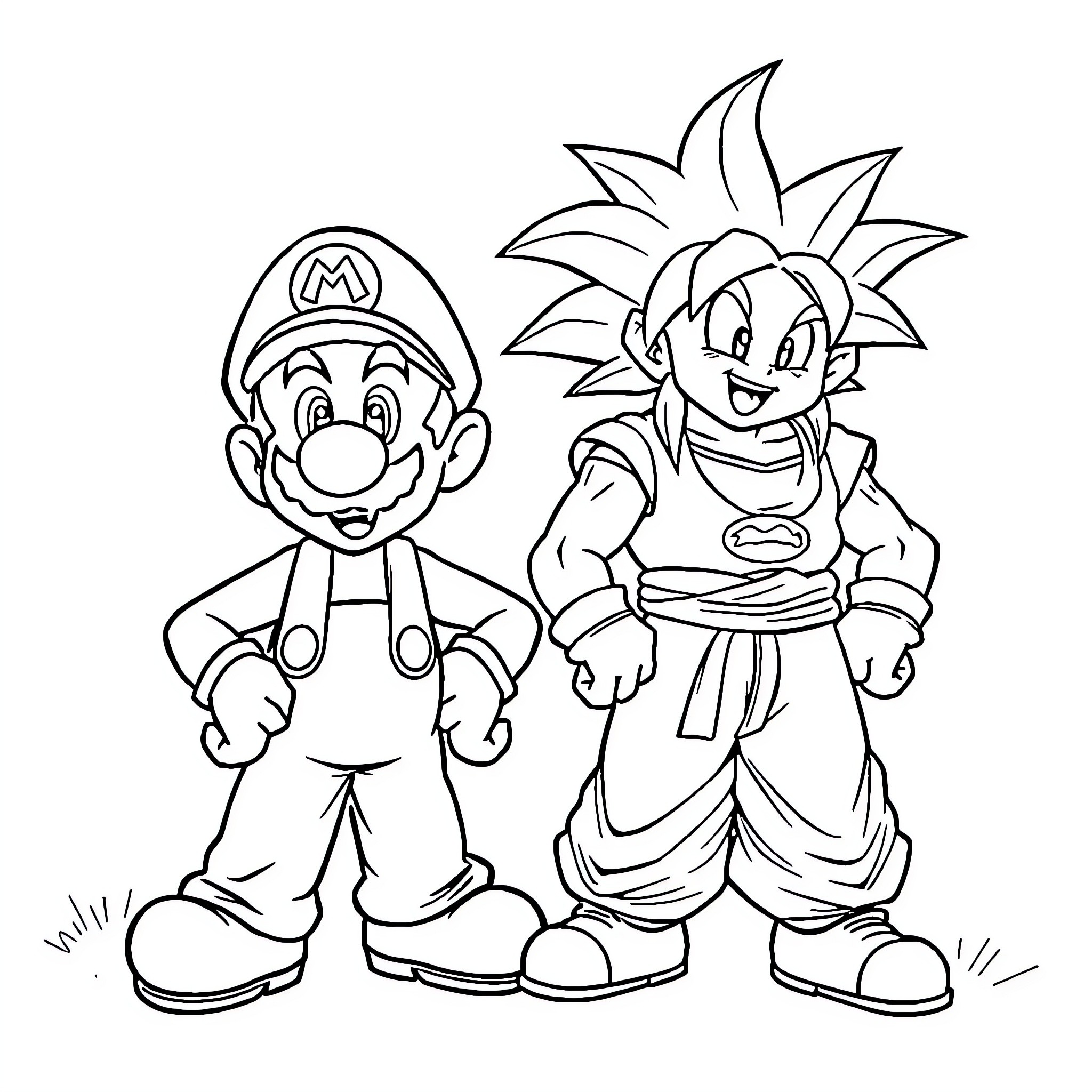 Mario and Goku Adventure Coloring Page (free black-and-white line drawing printable PDF for all, from beginners to advanced learners, including children, teens, adults, and seniors)