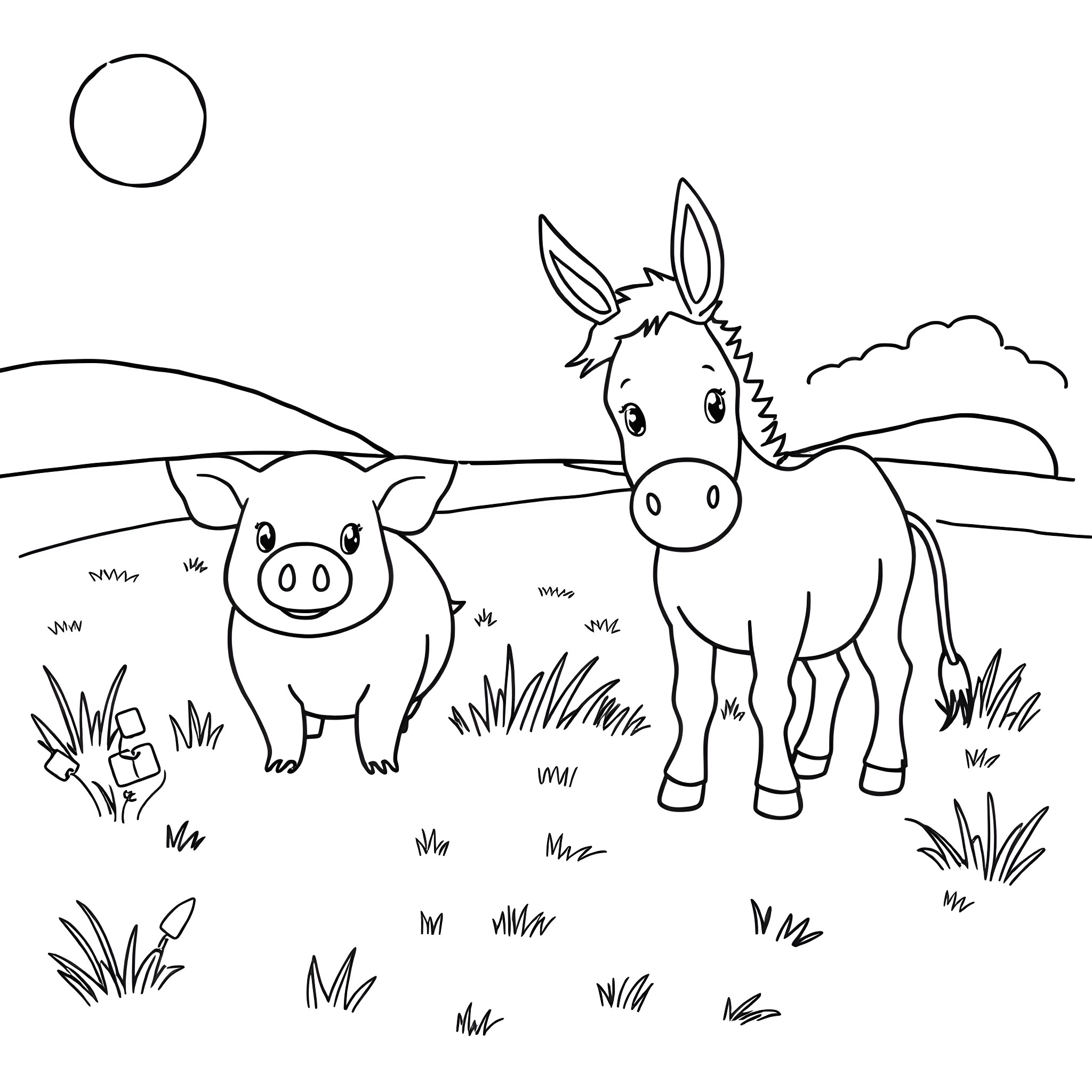 Pig and Donkey in a Peaceful Countryside Scene Coloring Page (free black-and-white line drawing printable PDF for all, from beginners to advanced learners, including children, teens, adults, and seniors)