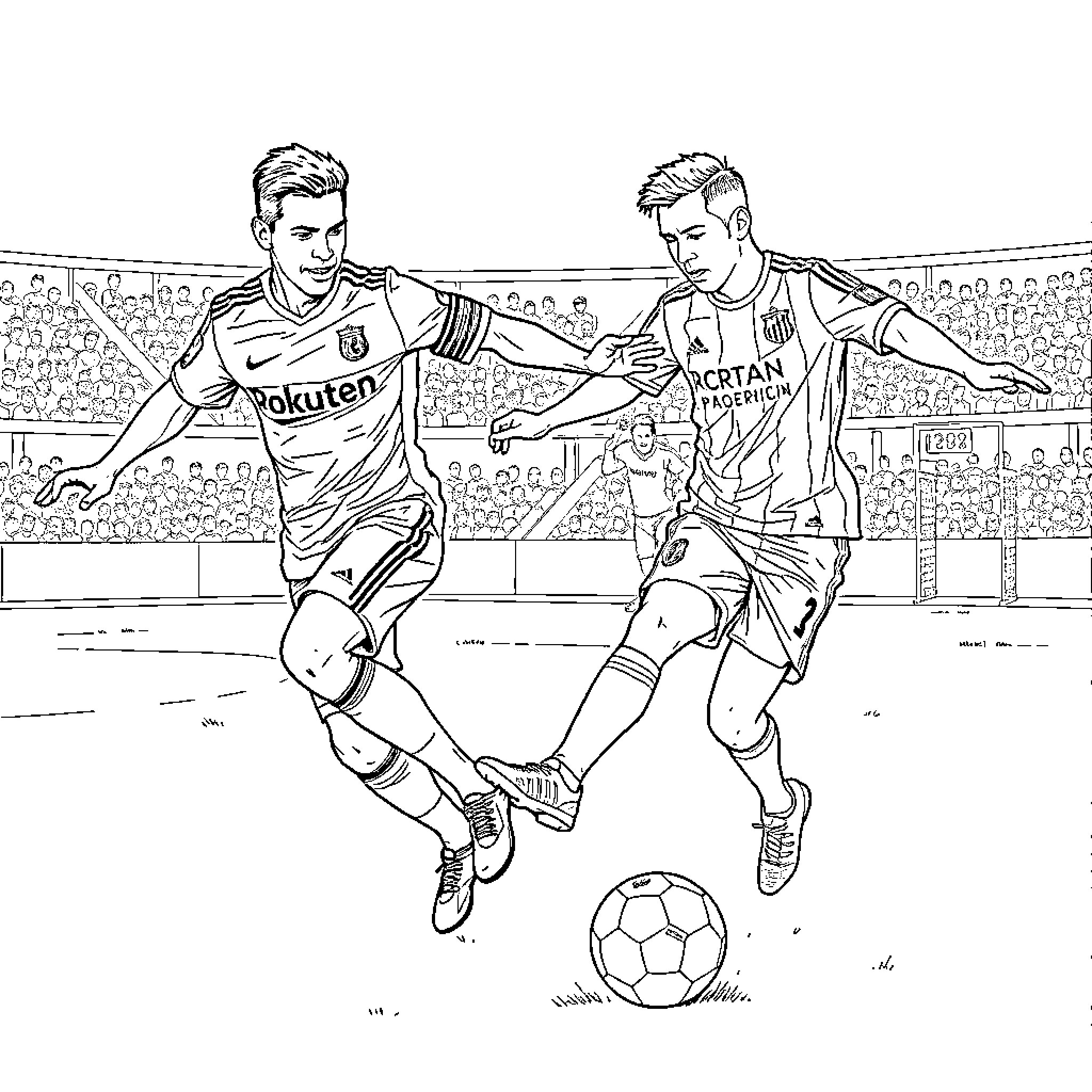 Cristiano Ronaldo and soccer player in action on field Coloring Page (free black-and-white line drawing printable PDF for all, from beginners to advanced learners, including children, teens, adults, and seniors)