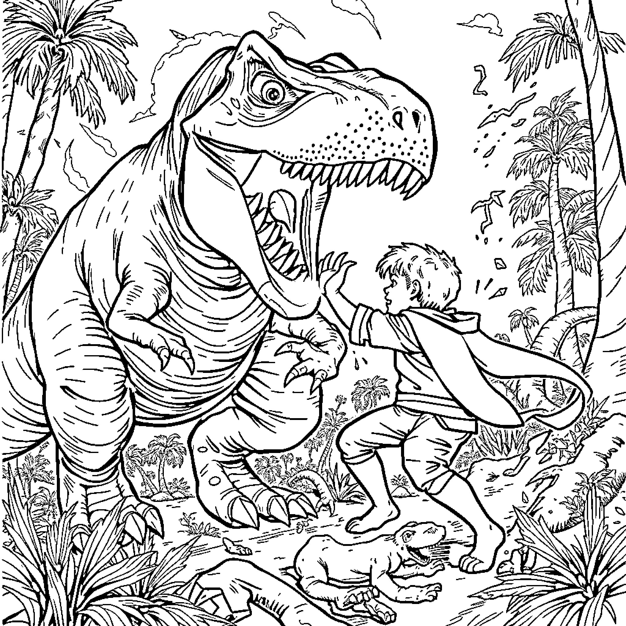 Gabriel exploring the prehistoric world with dinosaurs Coloring Page (free black-and-white line drawing printable PDF for all, from beginners to advanced learners, including children, teens, adults, and seniors)