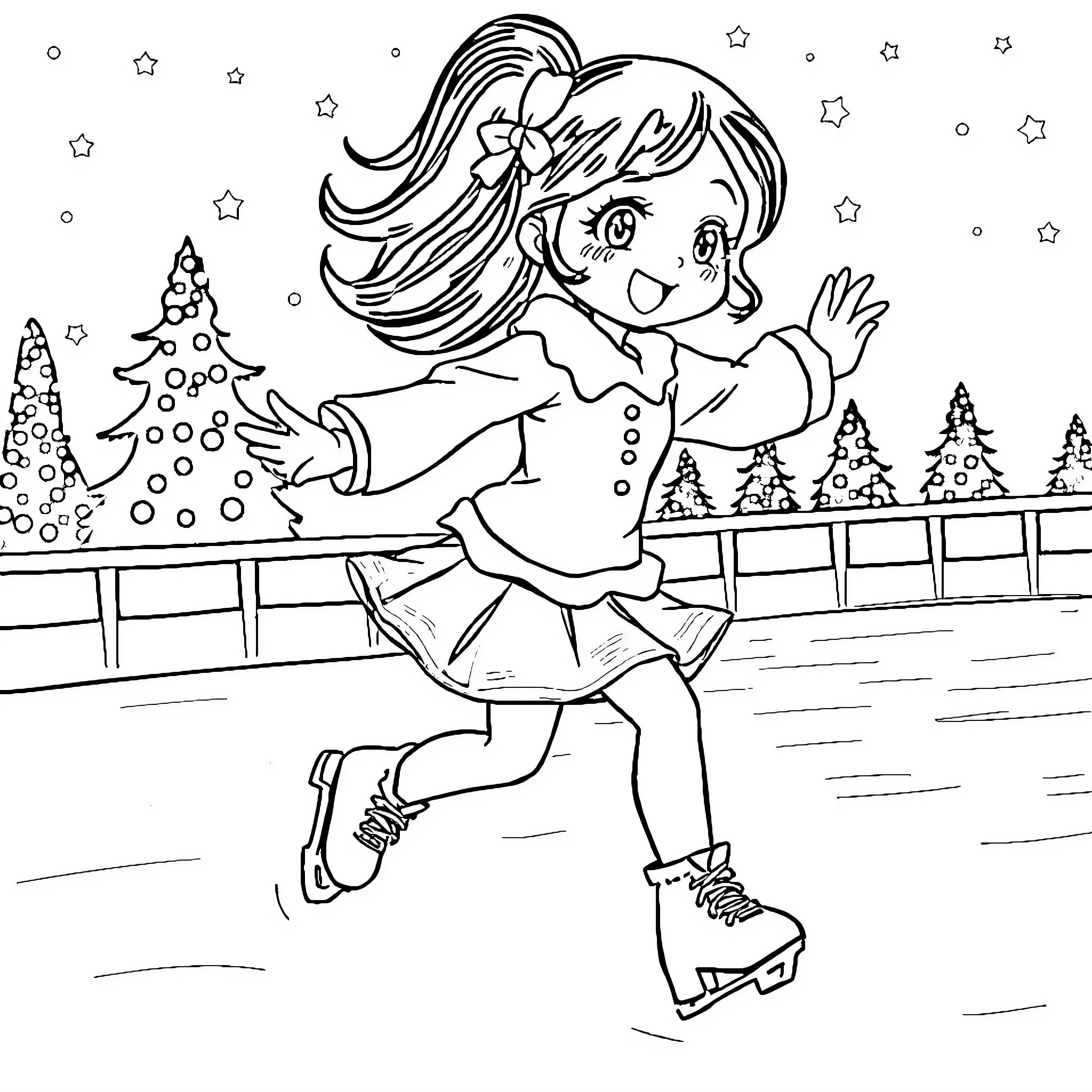 Kuromi ice skating with glee in the winter wonderland Coloring Page (free black-and-white line drawing printable PDF for all, from beginners to advanced learners, including children, teens, adults, and seniors)