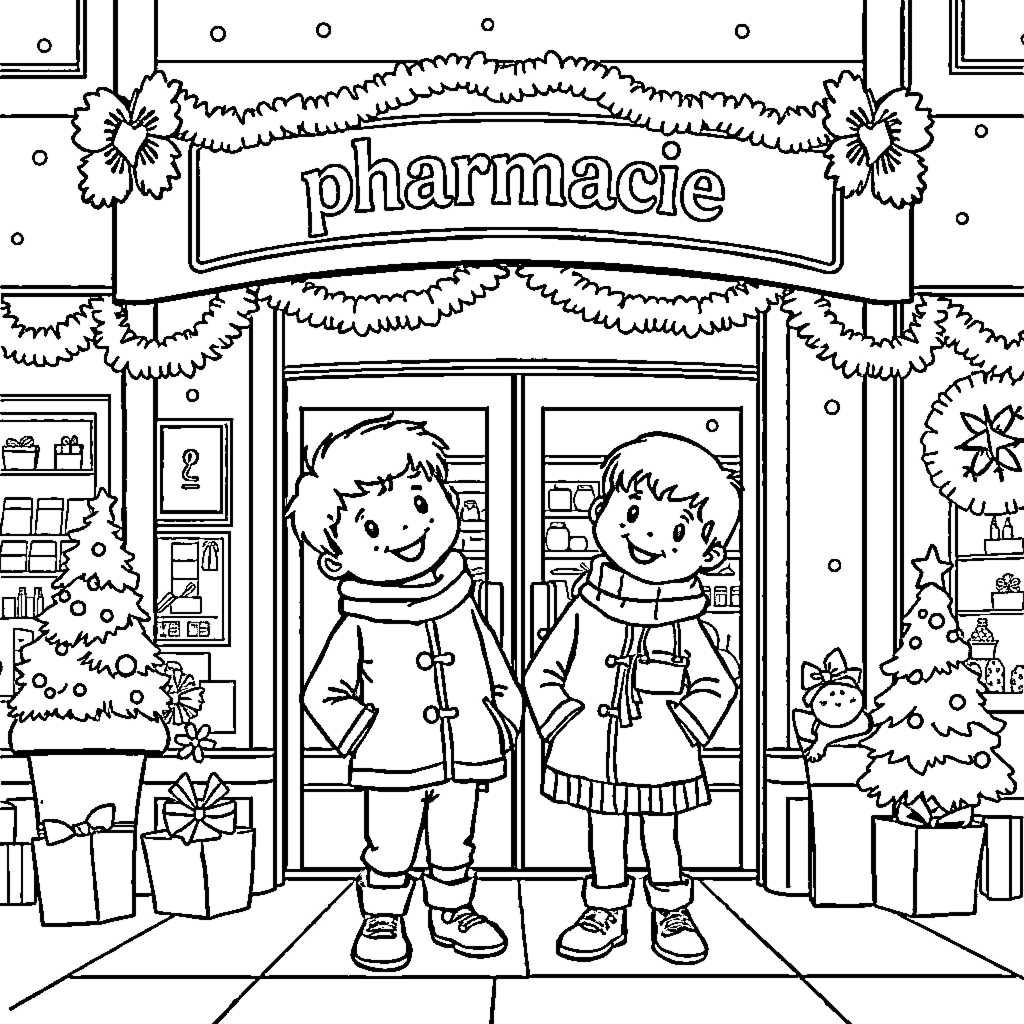 Enfant Christmas scene at a pharmacy Coloring Page (free black-and-white line drawing printable PDF for all, from beginners to advanced learners, including children, teens, adults, and seniors)