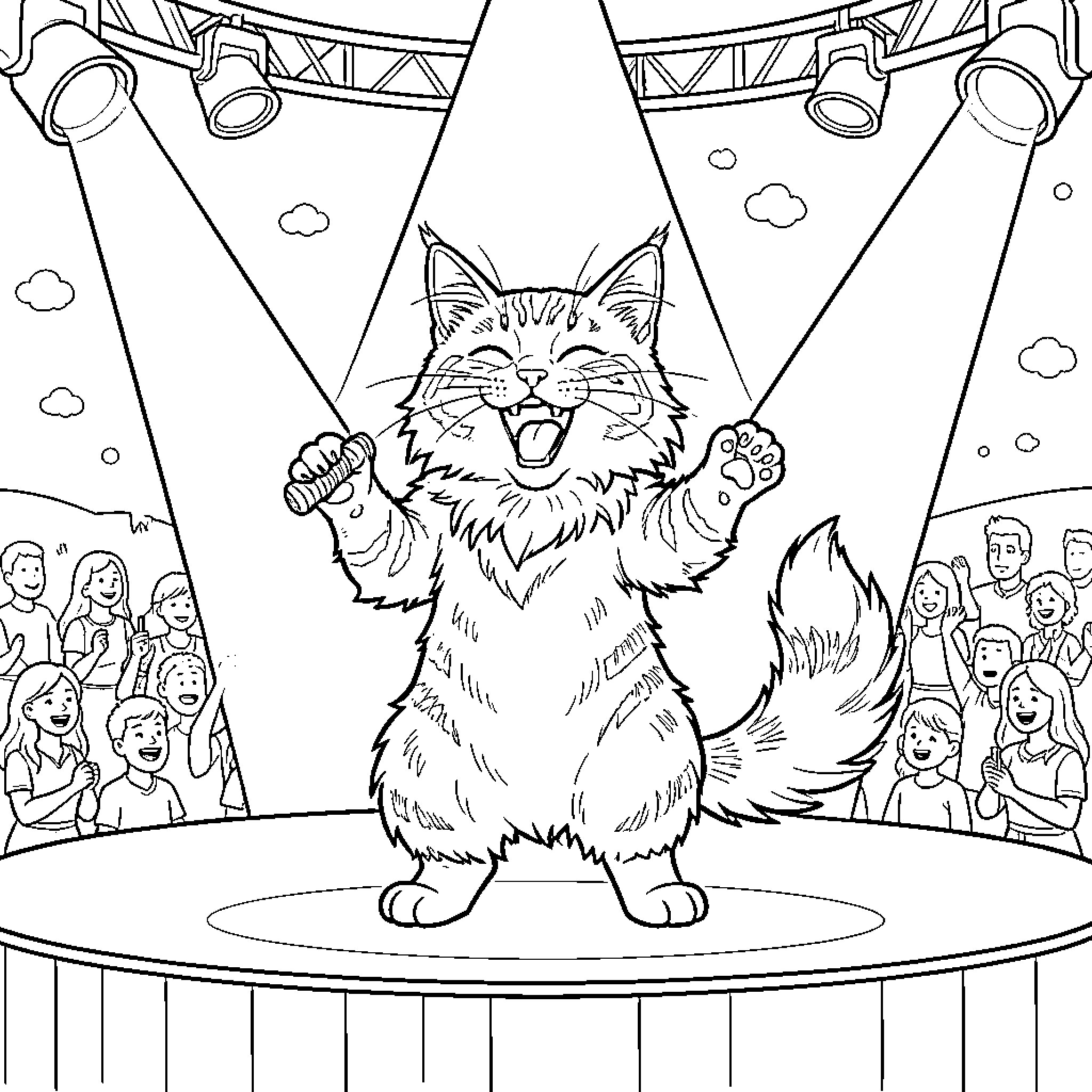 Maine Coon singing joyfully on a concert stage Coloring Page (free black-and-white line drawing printable PDF for all, from beginners to advanced learners, including children, teens, adults, and seniors)