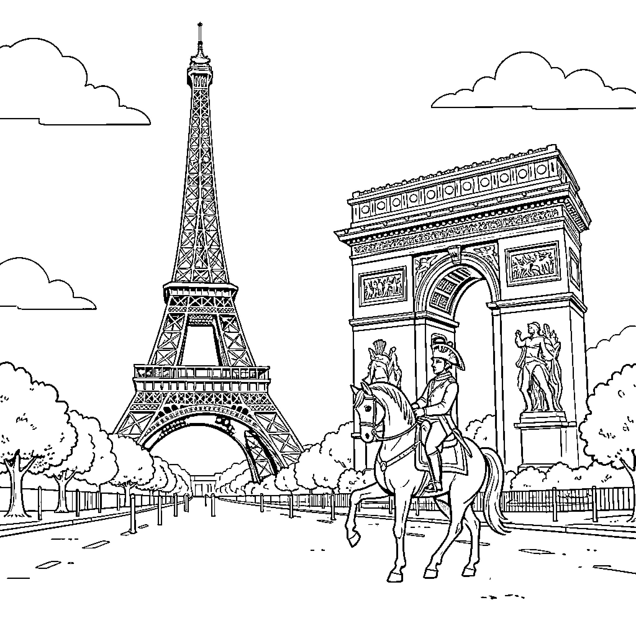 Eiffel Tower and Arc de Triomphe with a rider Coloring Page (free black-and-white line drawing printable PDF for all, from beginners to advanced learners, including children, teens, adults, and seniors)