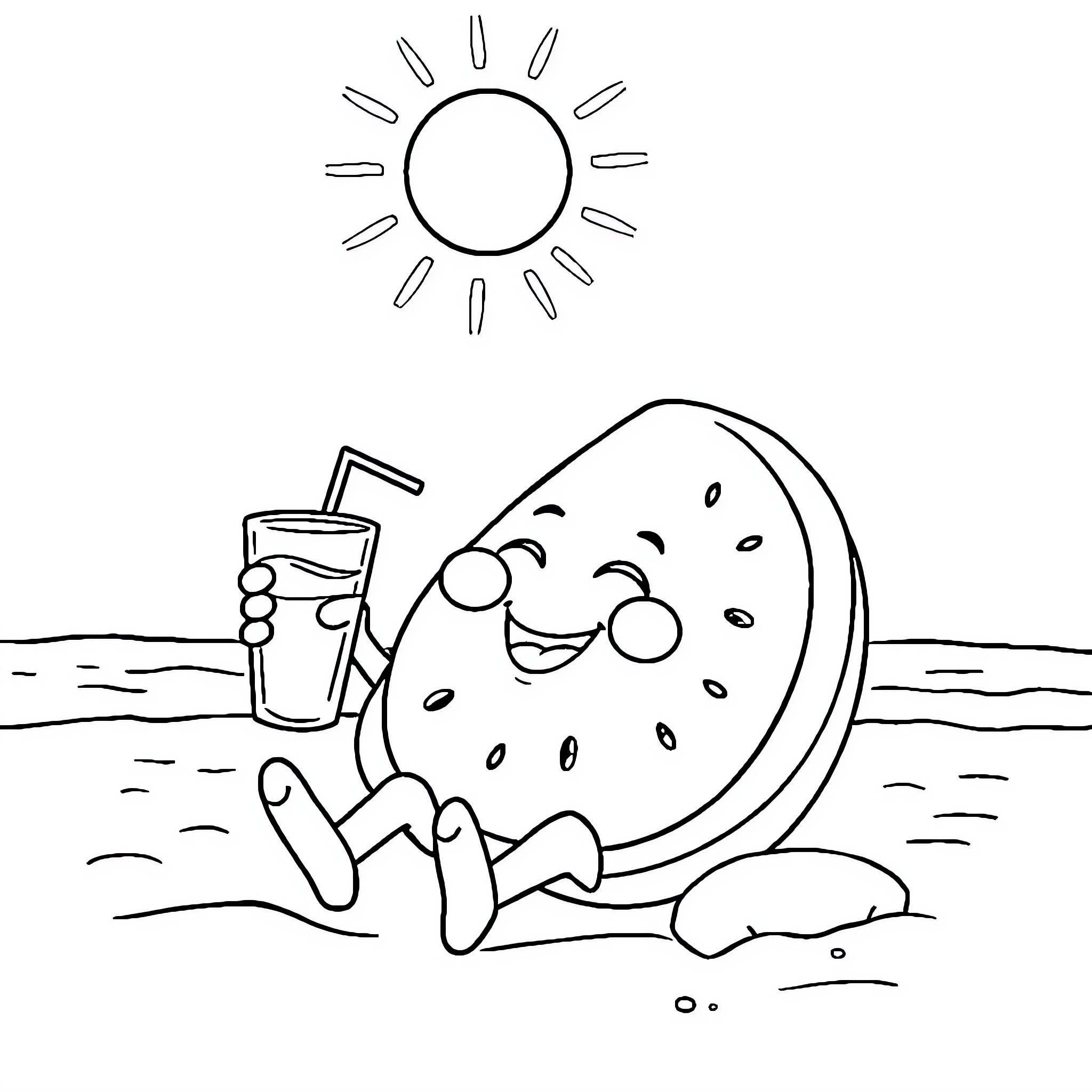 Watermelon enjoying summer day at the beach Coloring Page (free black-and-white line drawing printable PDF for all, from beginners to advanced learners, including children, teens, adults, and seniors)