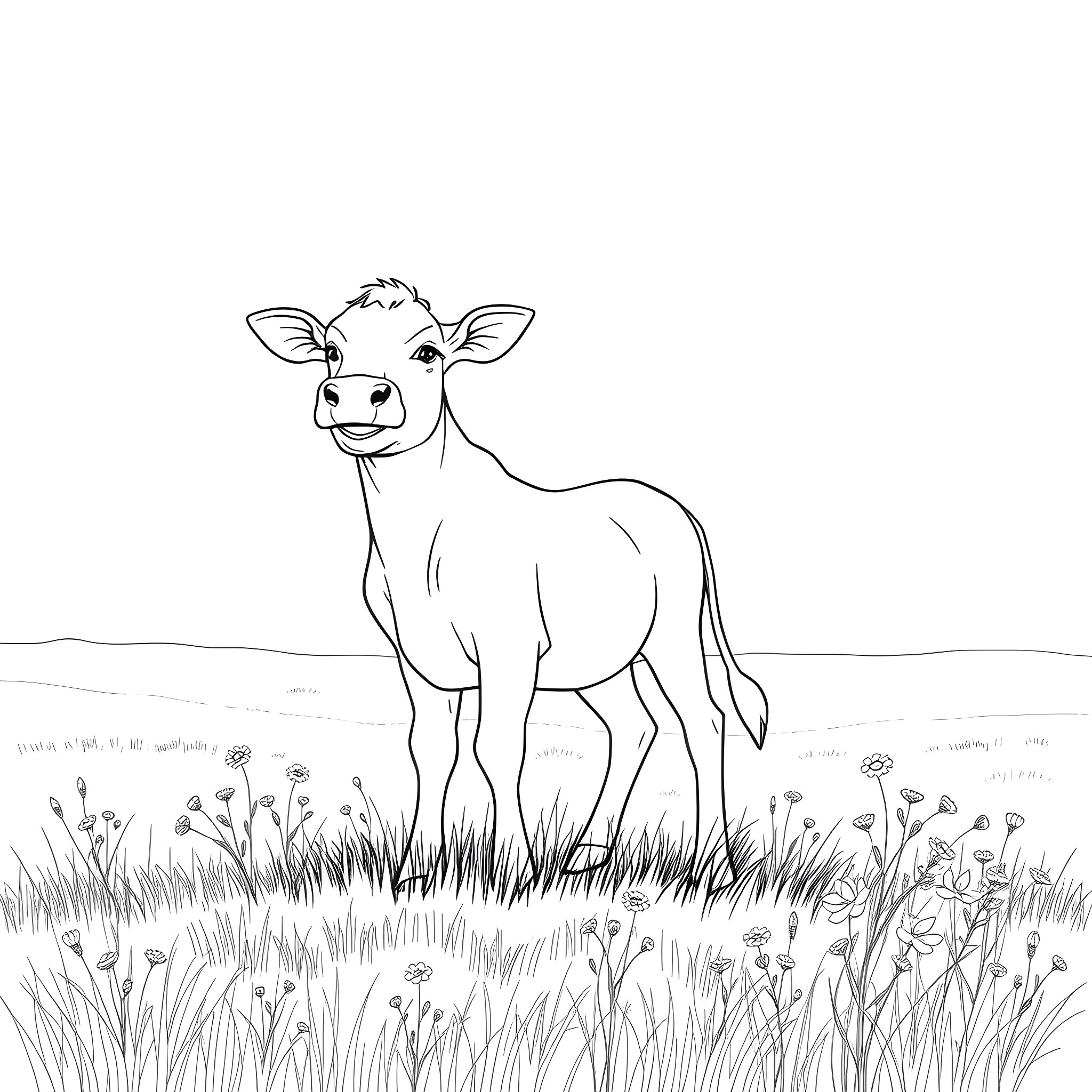 Calf standing in a grassy field Coloring Page (free black-and-white line drawing printable PDF for all, from beginners to advanced learners, including children, teens, adults, and seniors)