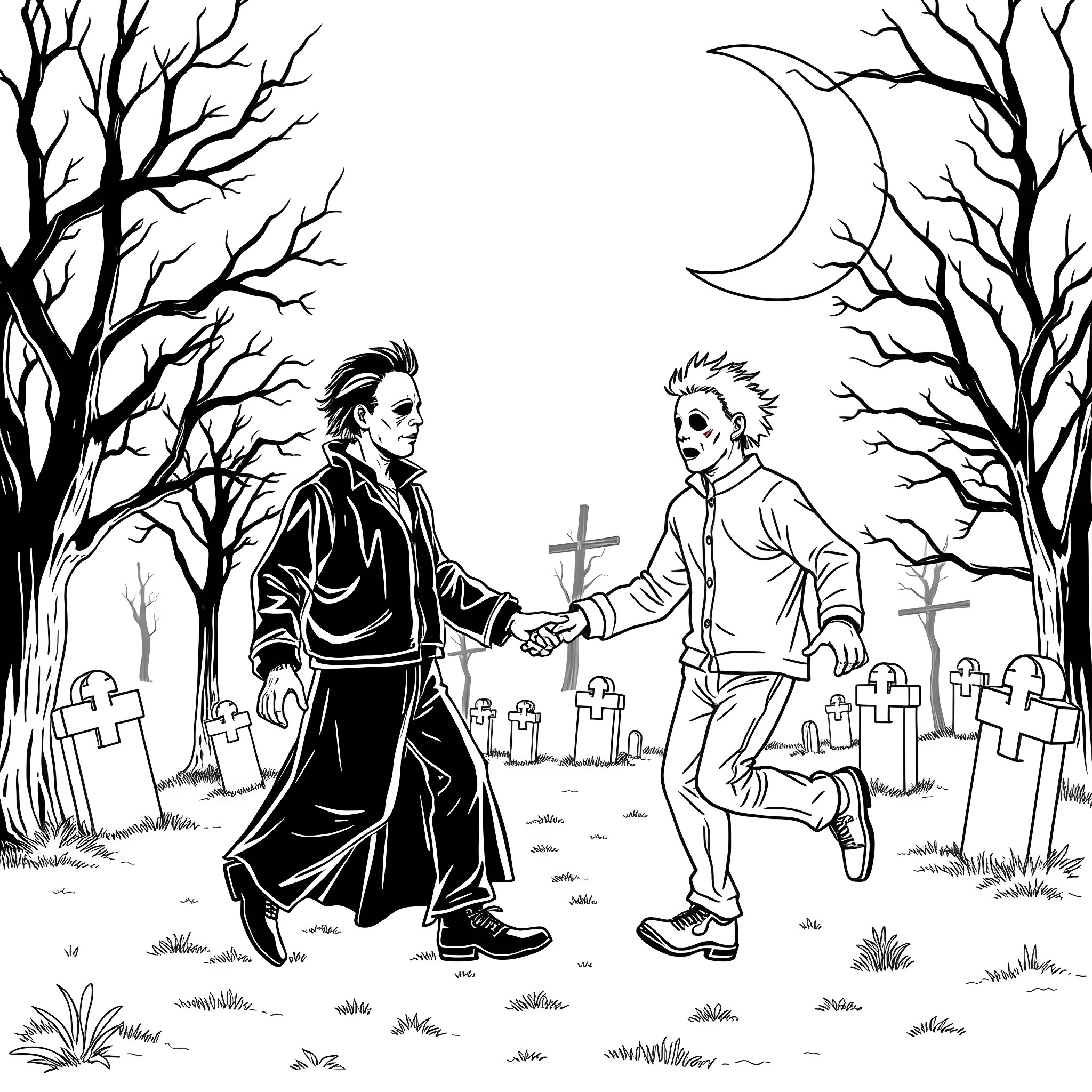 Jason's Eerie Encounter in the Haunting Graveyard Coloring Page (free black-and-white line drawing printable PDF for all, from beginners to advanced learners, including children, teens, adults, and seniors)