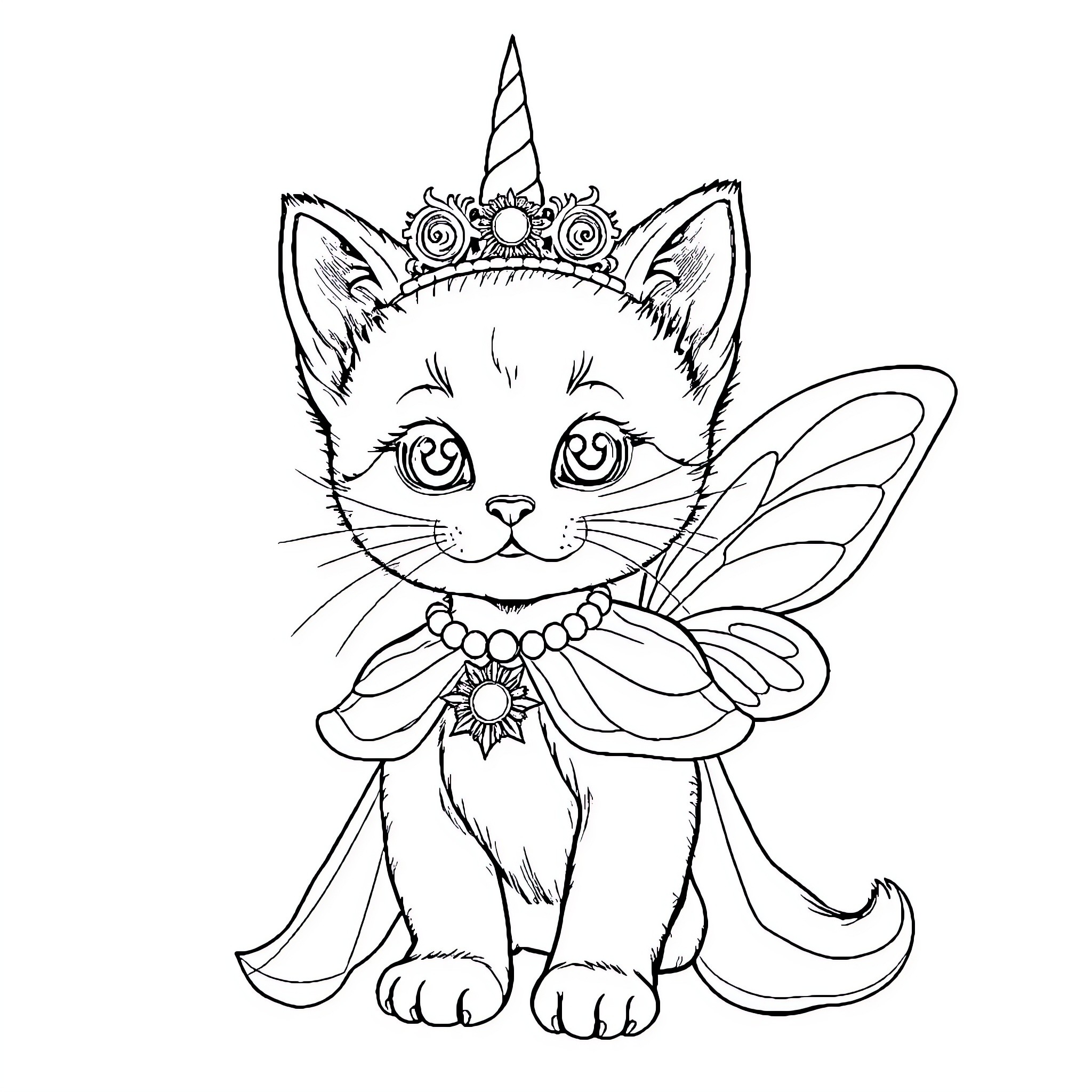 Kitten wearing a whimsical unicorn costume Coloring Page (free black-and-white line drawing printable PDF for all, from beginners to advanced learners, including children, teens, adults, and seniors)