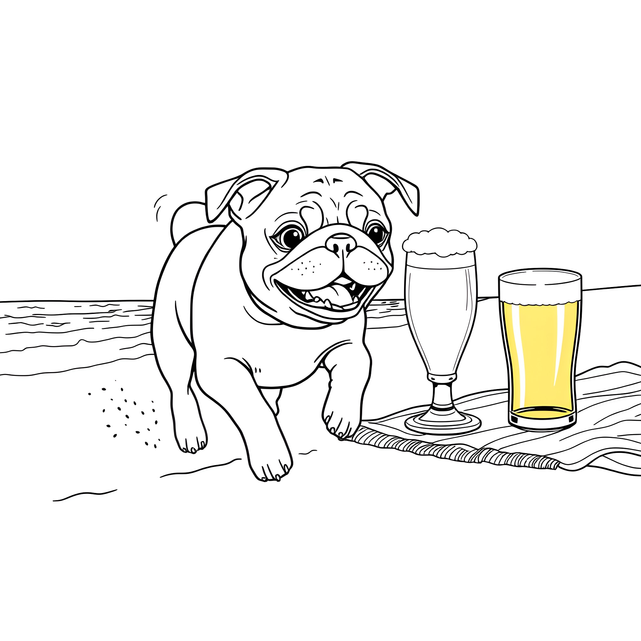 Paw-some Pup Enjoys Beer on the Beach Coloring Page (free black-and-white line drawing printable PDF for all, from beginners to advanced learners, including children, teens, adults, and seniors)