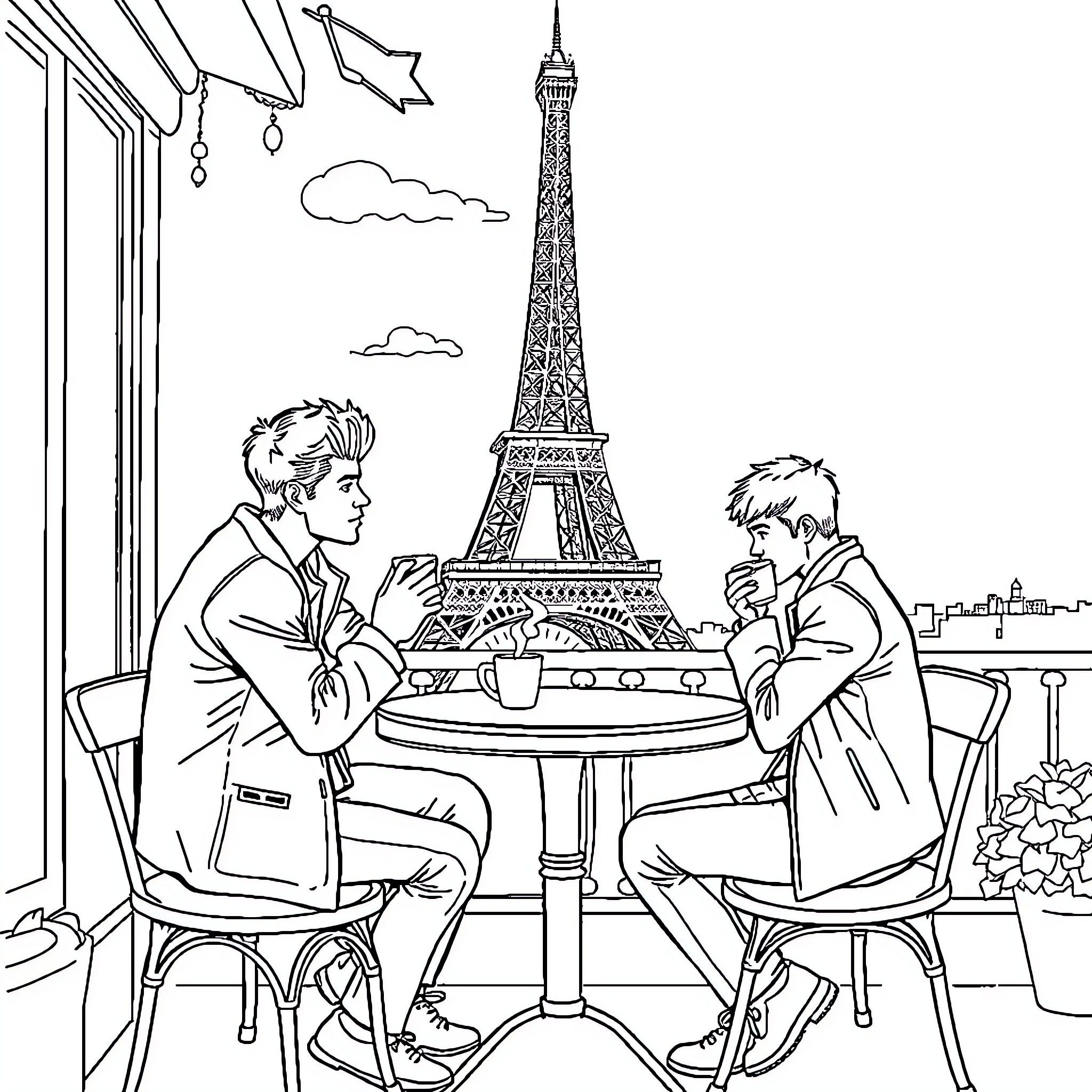 One Direction: Friends Enjoying a Parisian Cafe Coloring Page (free black-and-white line drawing printable PDF for all, from beginners to advanced learners, including children, teens, adults, and seniors)