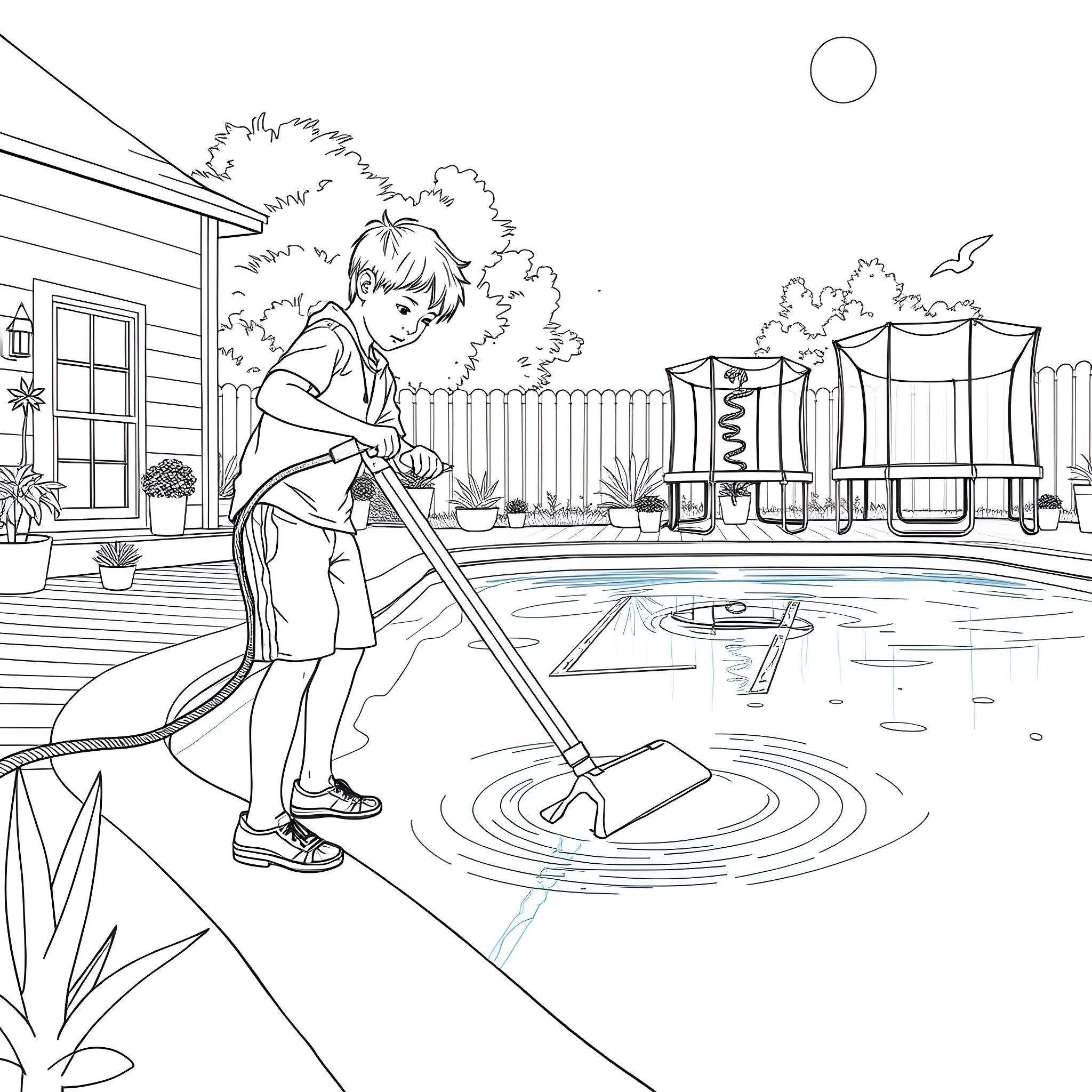 Teen Guy Cleaning the Pool in the Backyard Coloring Page (free black-and-white line drawing printable PDF for all, from beginners to advanced learners, including children, teens, adults, and seniors)