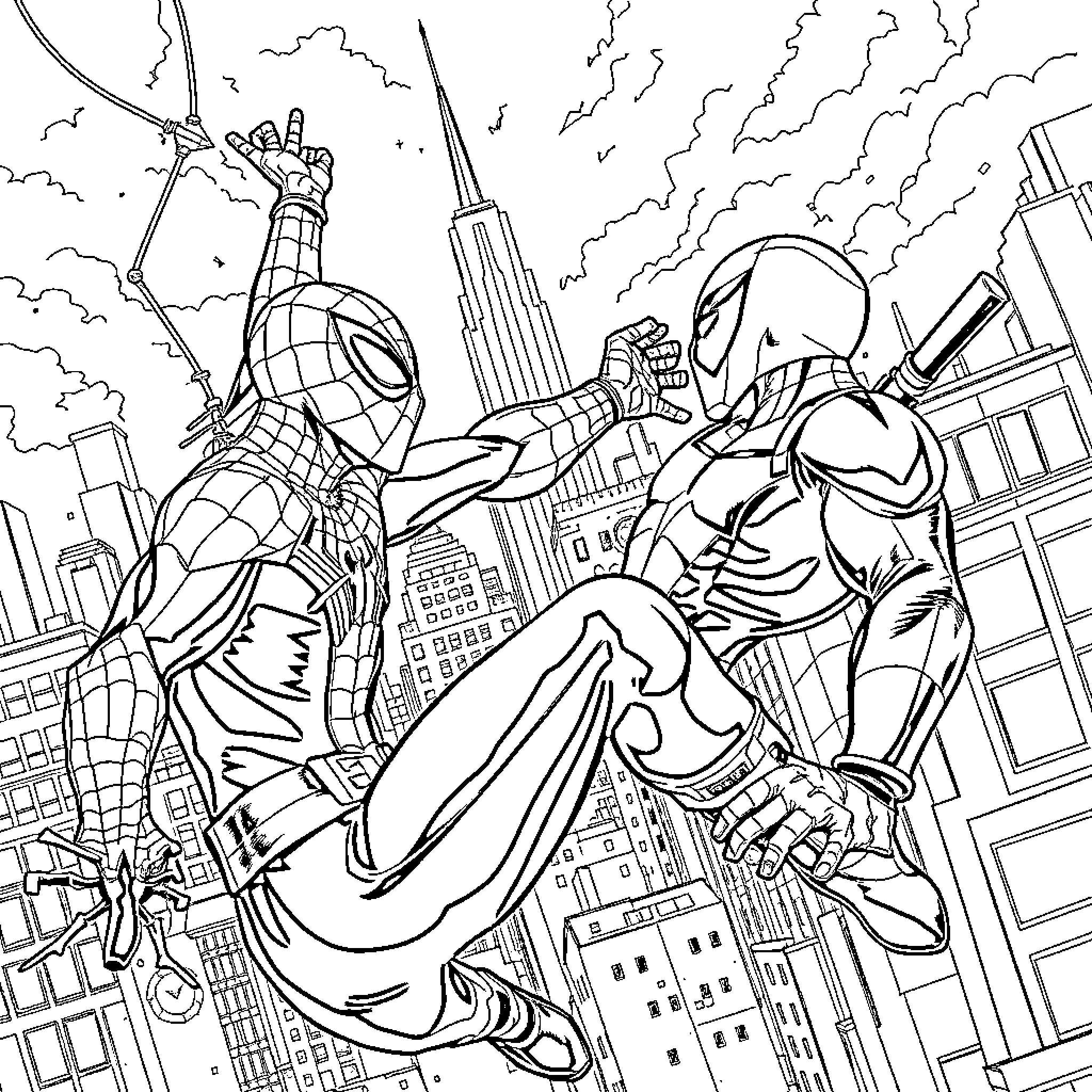 Spiderman's heroic battle against a formidable villain in the city Coloring Page (free black-and-white line drawing printable PDF for all, from beginners to advanced learners, including children, teens, adults, and seniors)