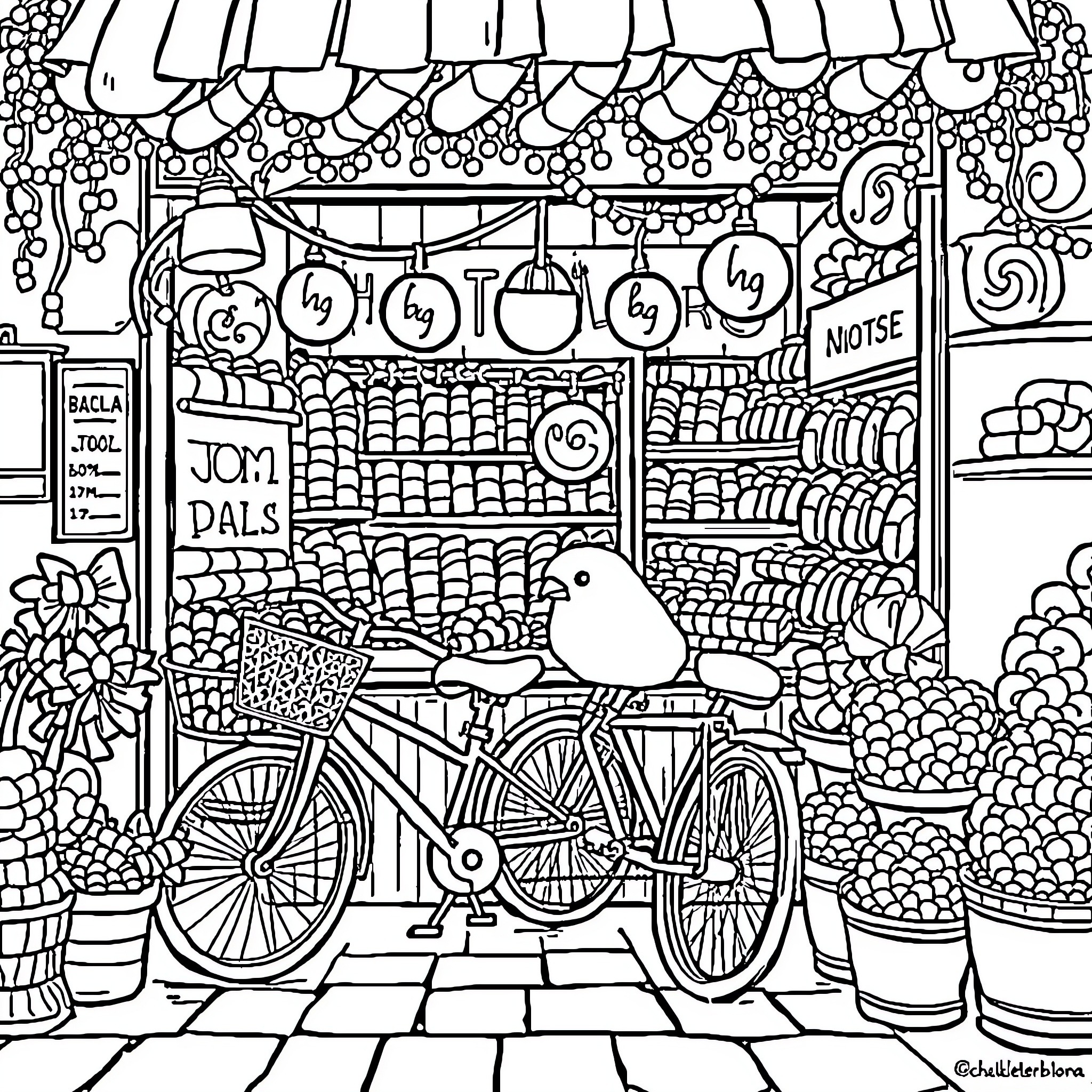 Bicycle riding through a colorful market scene Coloring Page (free black-and-white line drawing printable PDF for all, from beginners to advanced learners, including children, teens, adults, and seniors)