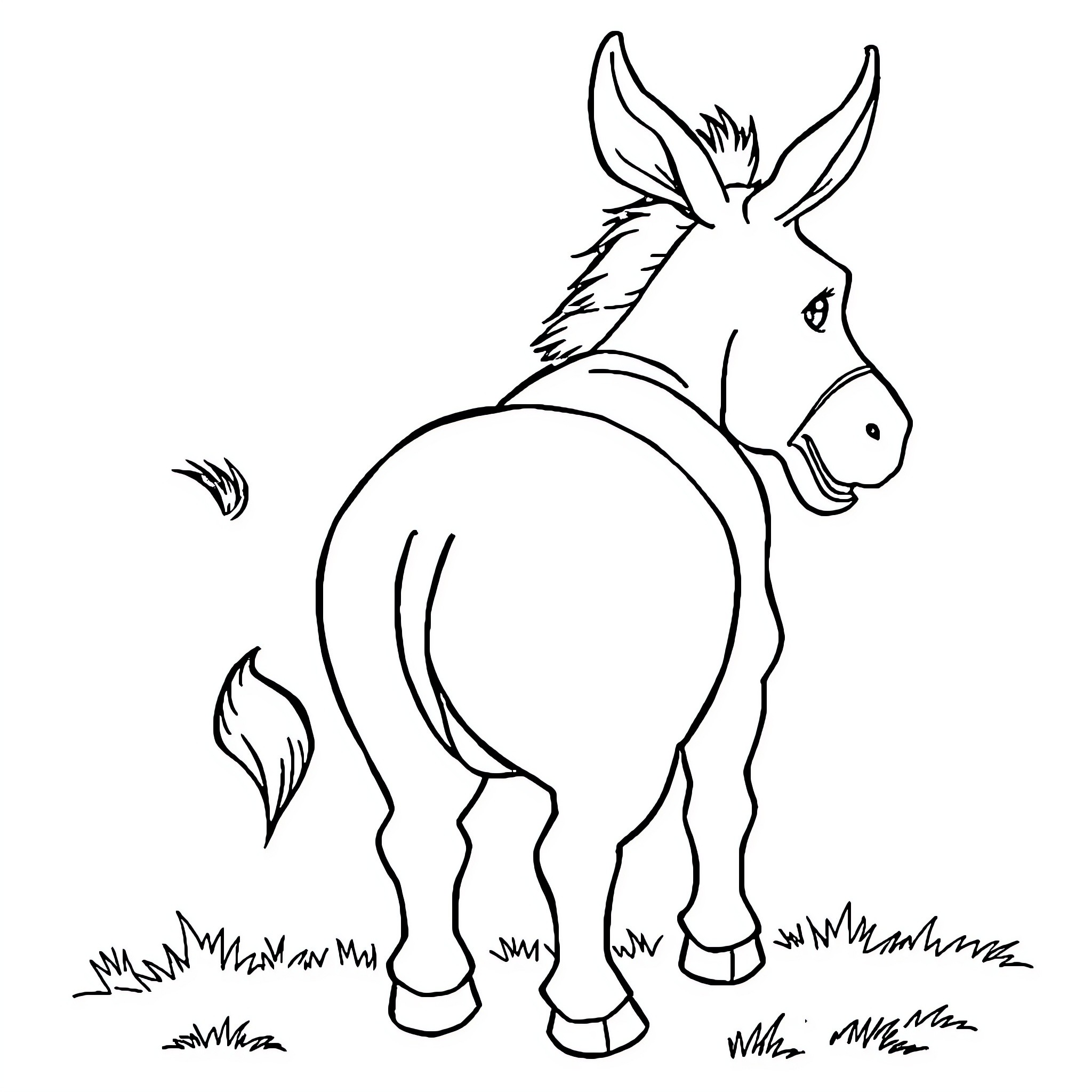 Donkey standing on grassy field Coloring Page (free black-and-white line drawing printable PDF for all, from beginners to advanced learners, including children, teens, adults, and seniors)