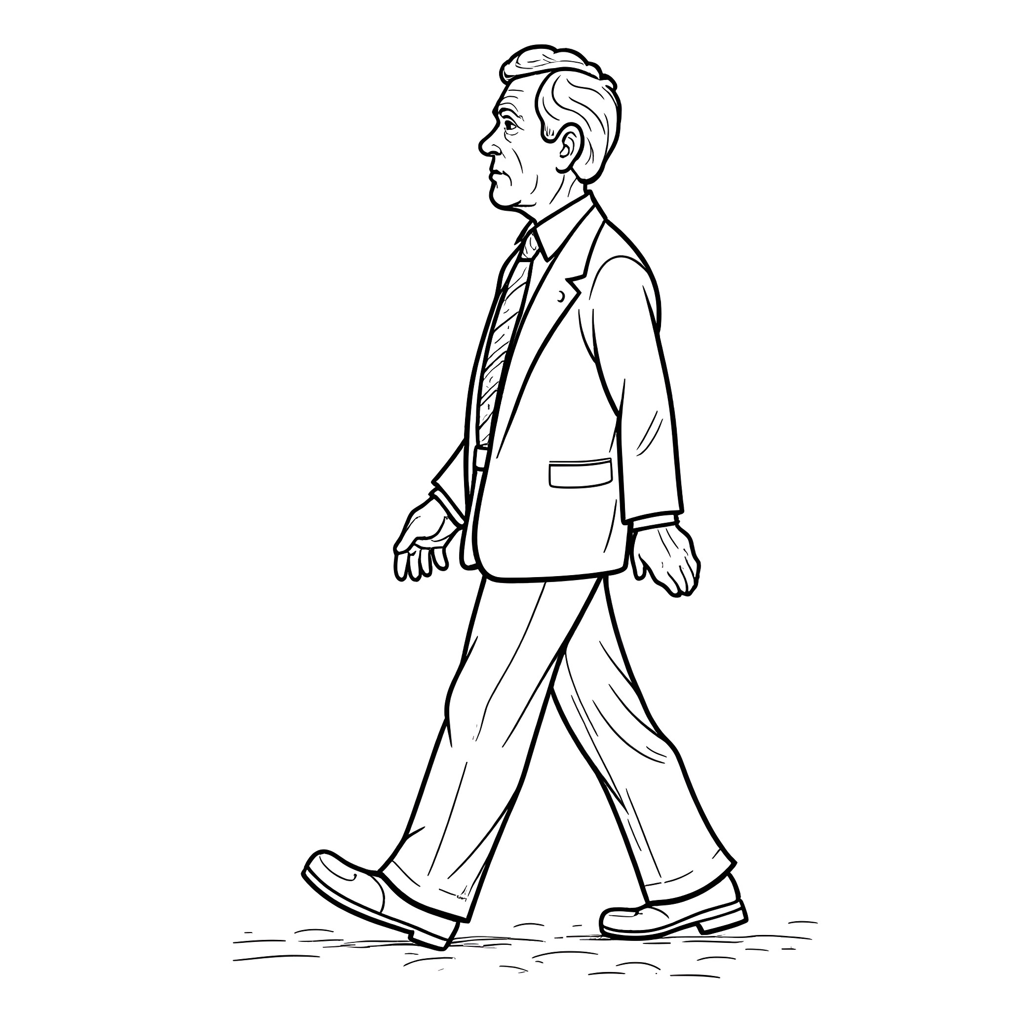 George W. Bush walking in formal attire Coloring Page (free black-and-white line drawing printable PDF for all, from beginners to advanced learners, including children, teens, adults, and seniors)