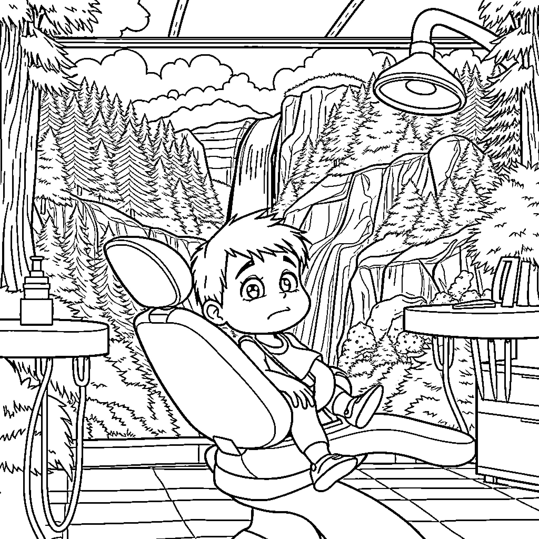 Child exploring nature with curiosity in the wilderness Coloring Page (free black-and-white line drawing printable PDF for all, from beginners to advanced learners, including children, teens, adults, and seniors)