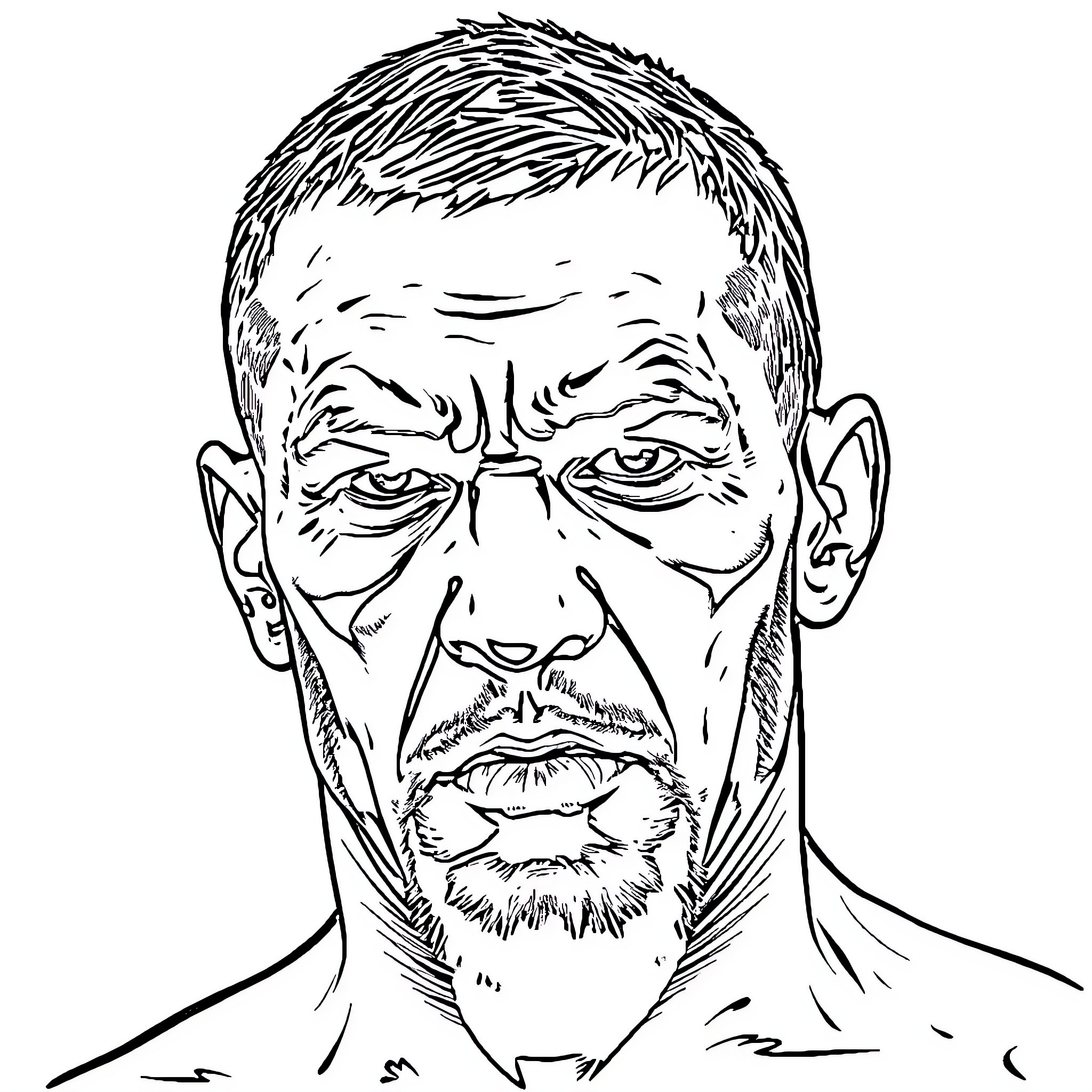 Tony Ferguson's intense facial expression Coloring Page (free black-and-white line drawing printable PDF for all, from beginners to advanced learners, including children, teens, adults, and seniors)