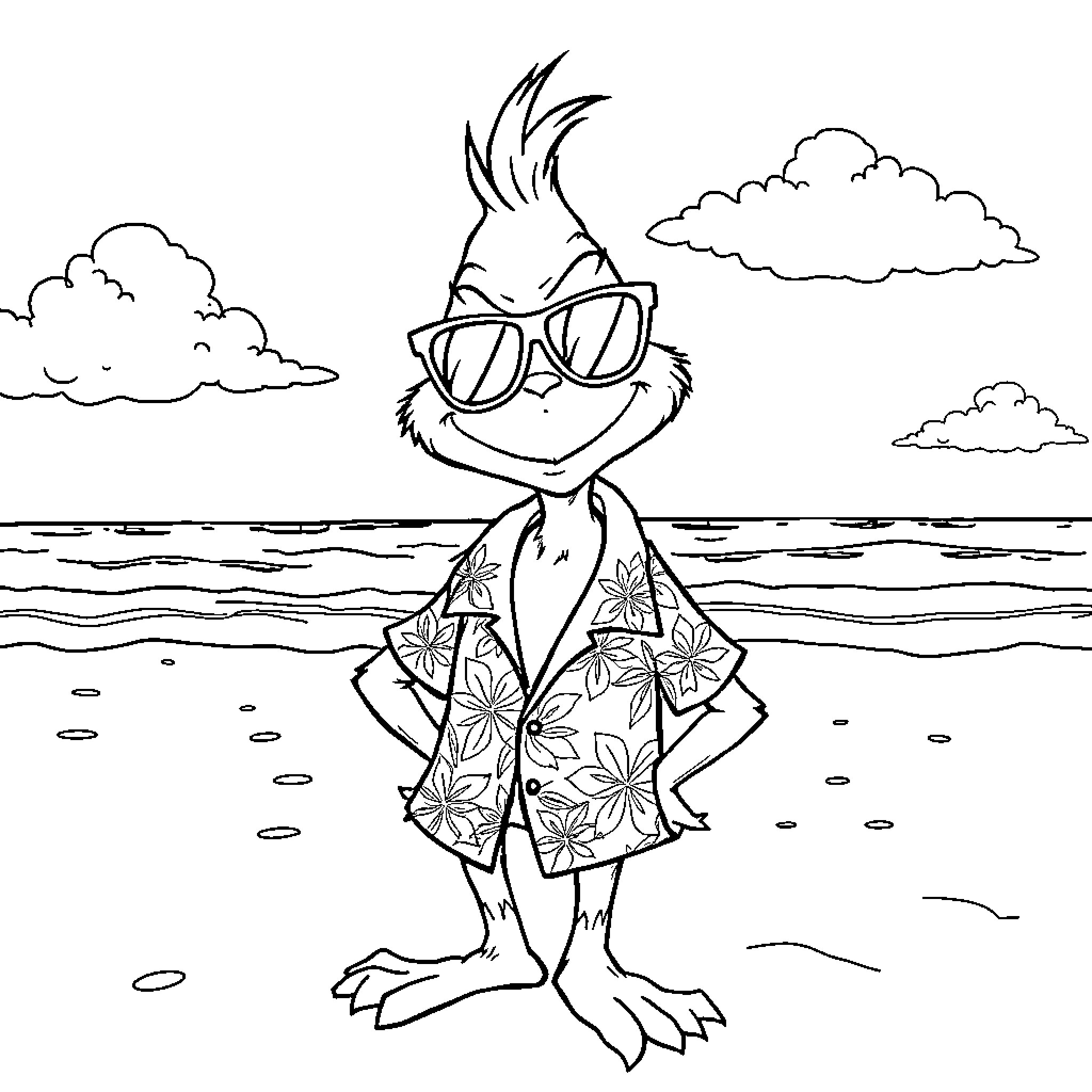 Grinch enjoying the beach in stylish outfit Coloring Page (free black-and-white line drawing printable PDF for all, from beginners to advanced learners, including children, teens, adults, and seniors)
