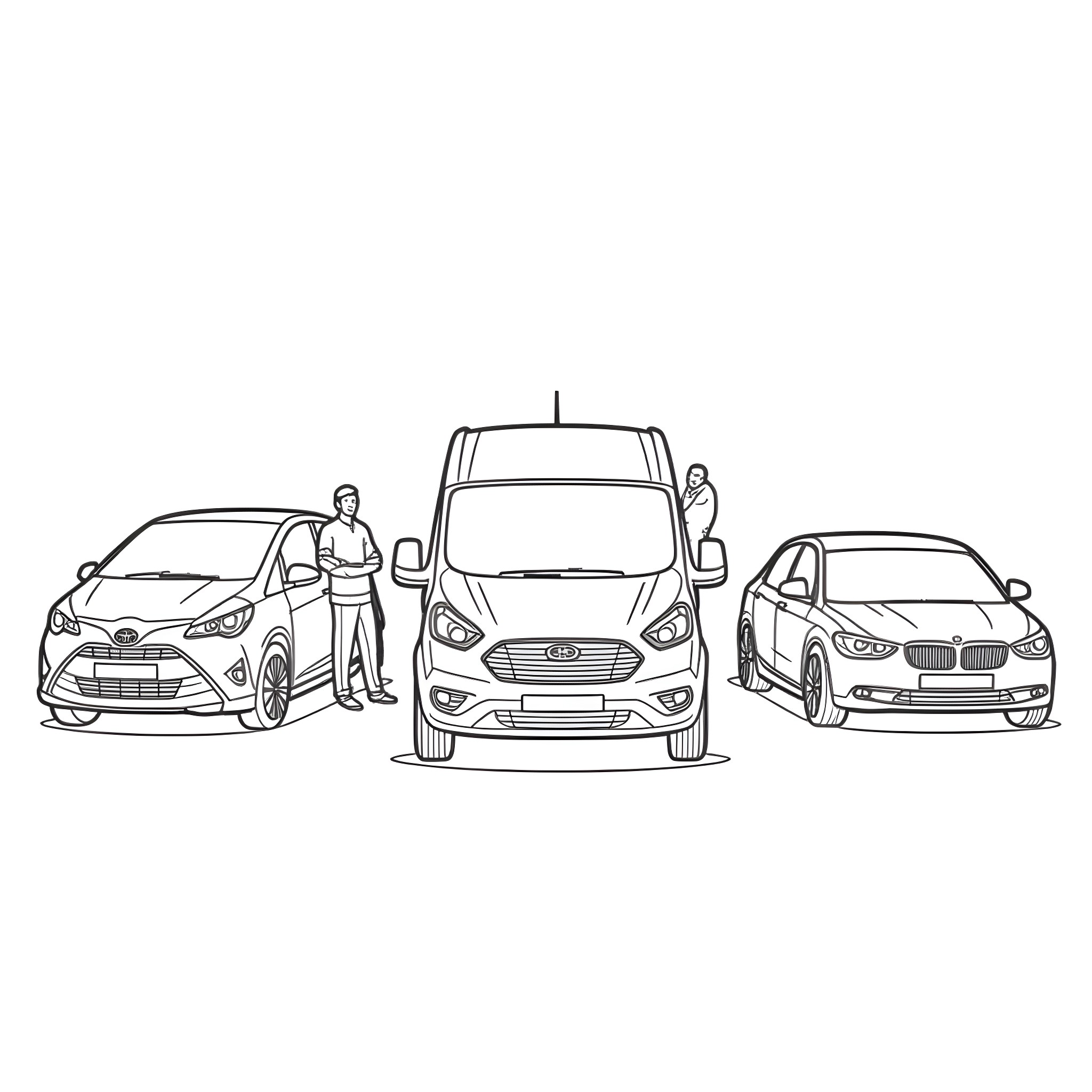 Vehicle lineup with diverse car models Coloring Page (free black-and-white line drawing printable PDF for all, from beginners to advanced learners, including children, teens, adults, and seniors)