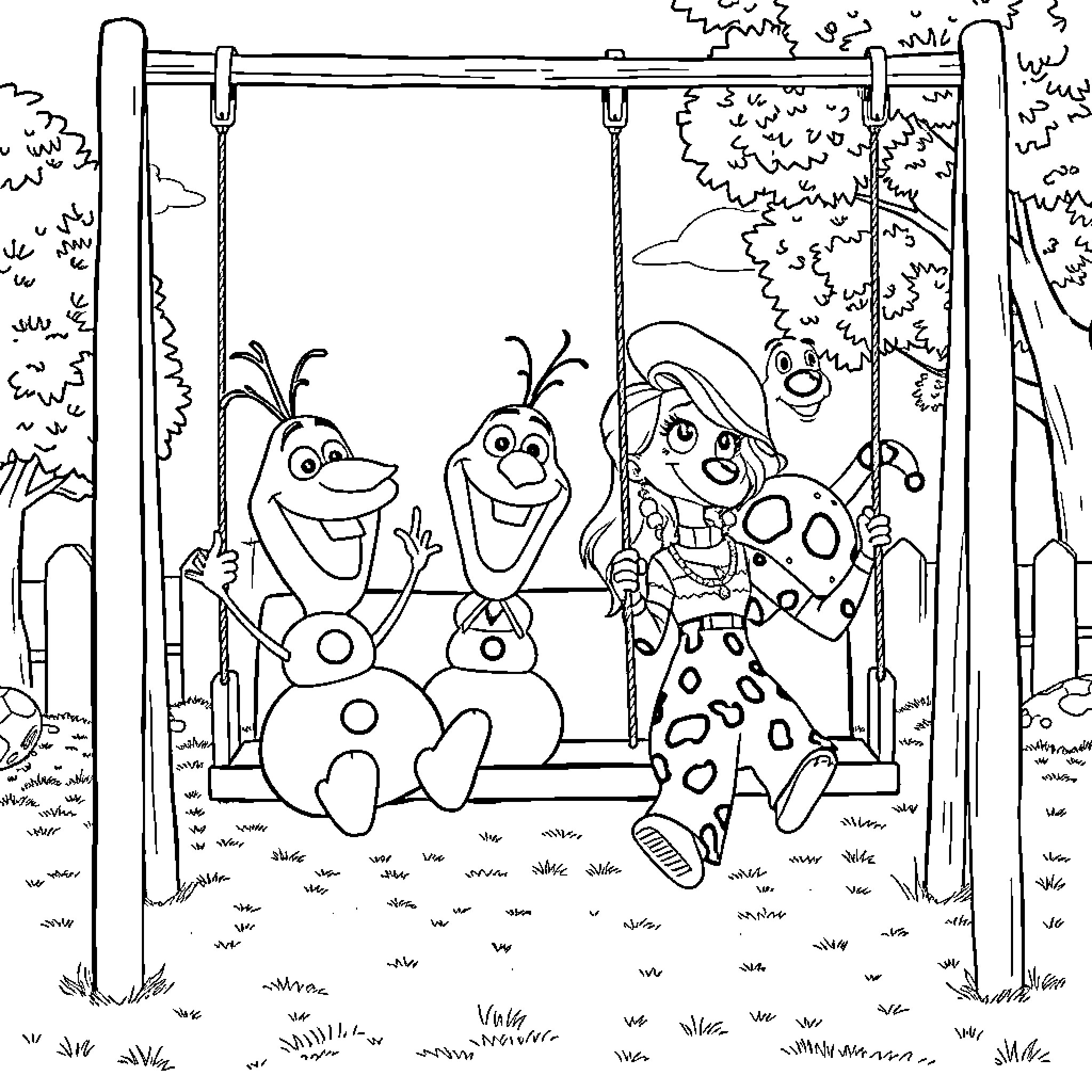 Olaf and friends enjoying a swing in the forest Coloring Page (free black-and-white line drawing printable PDF for all, from beginners to advanced learners, including children, teens, adults, and seniors)
