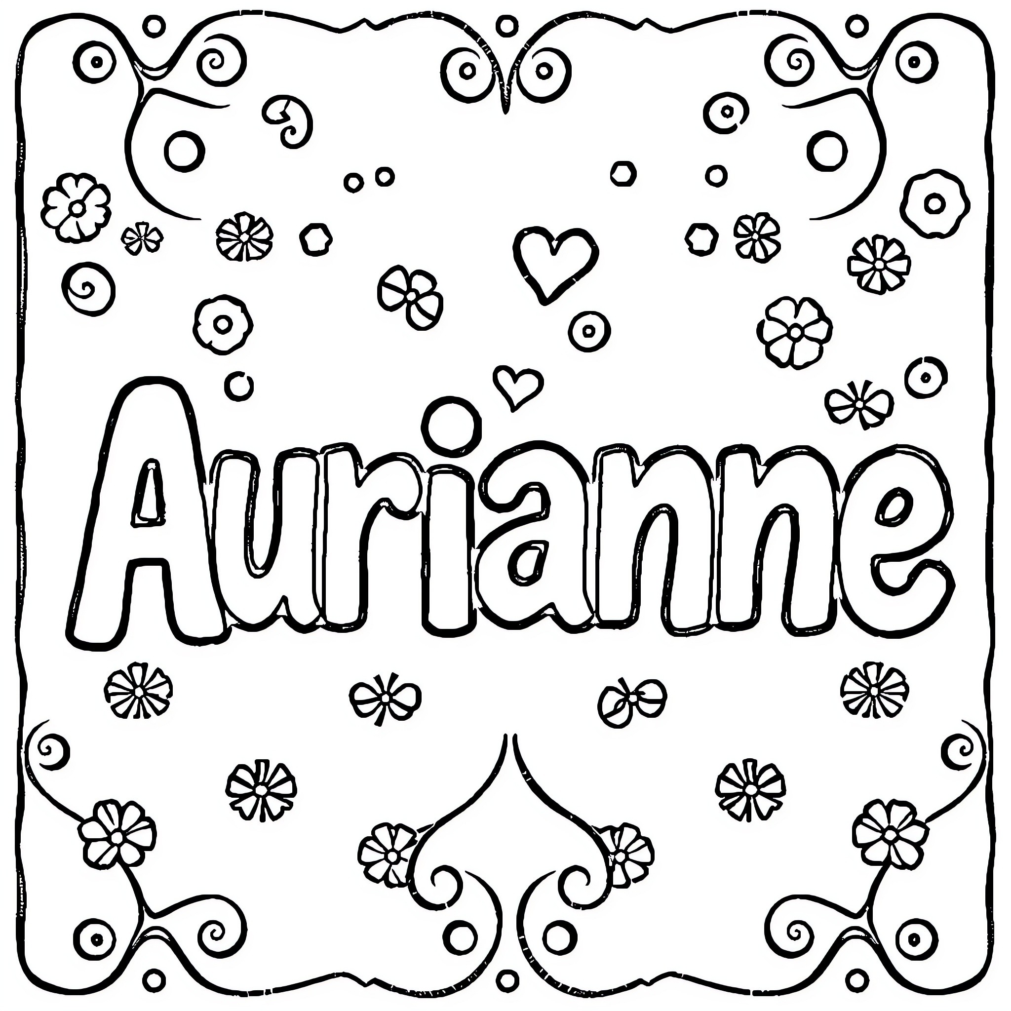 Stitch Floral Doodle with Name Aurianne Coloring Page (free black-and-white line drawing printable PDF for all, from beginners to advanced learners, including children, teens, adults, and seniors)