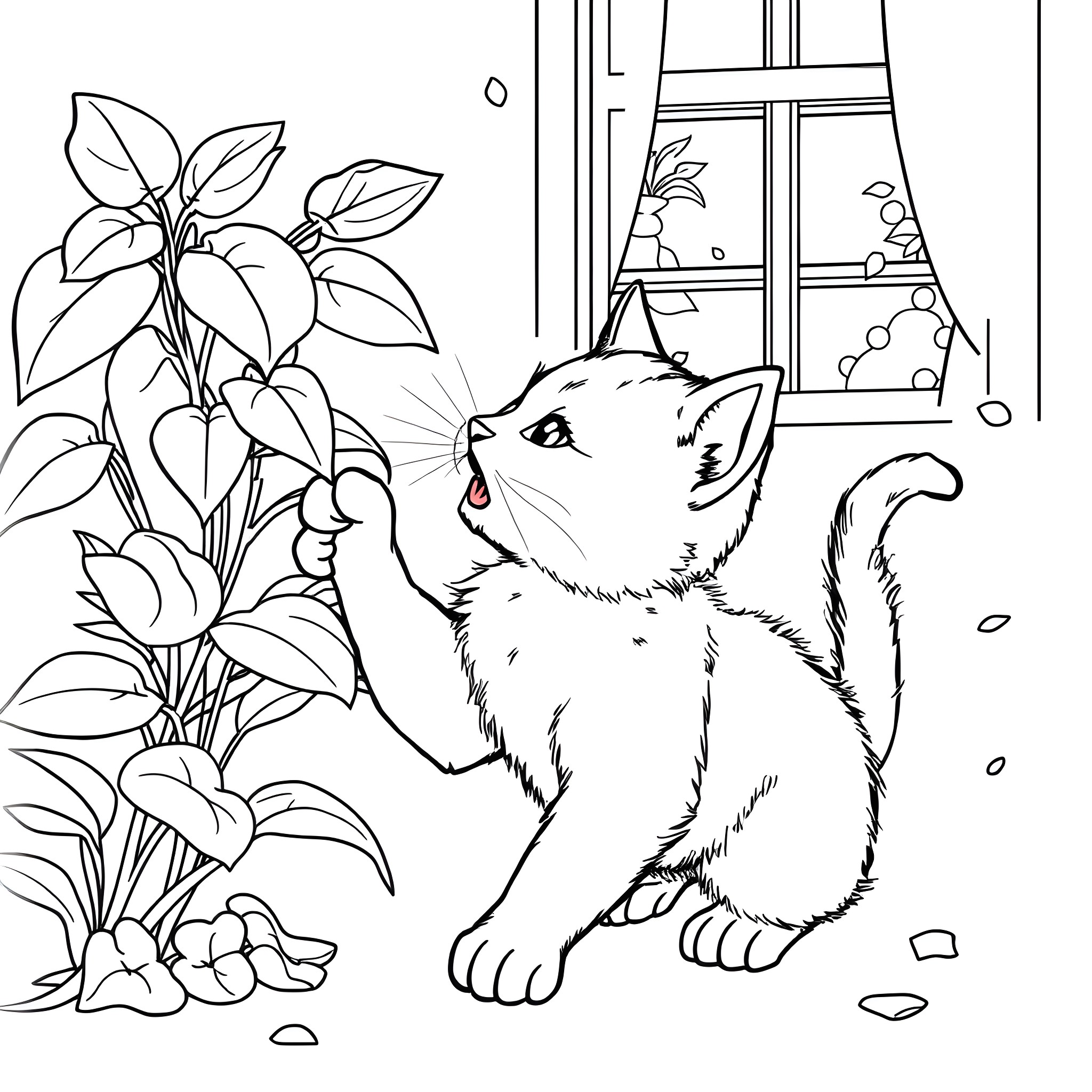 Cat exploring indoors amid plants and windows Coloring Page (free black-and-white line drawing printable PDF for all, from beginners to advanced learners, including children, teens, adults, and seniors)