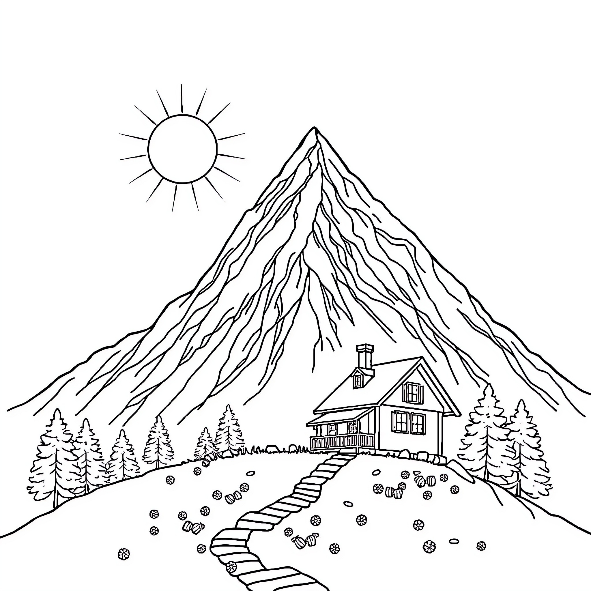 House nestled in serene mountain landscape Coloring Page (free black-and-white line drawing printable PDF for all, from beginners to advanced learners, including children, teens, adults, and seniors)