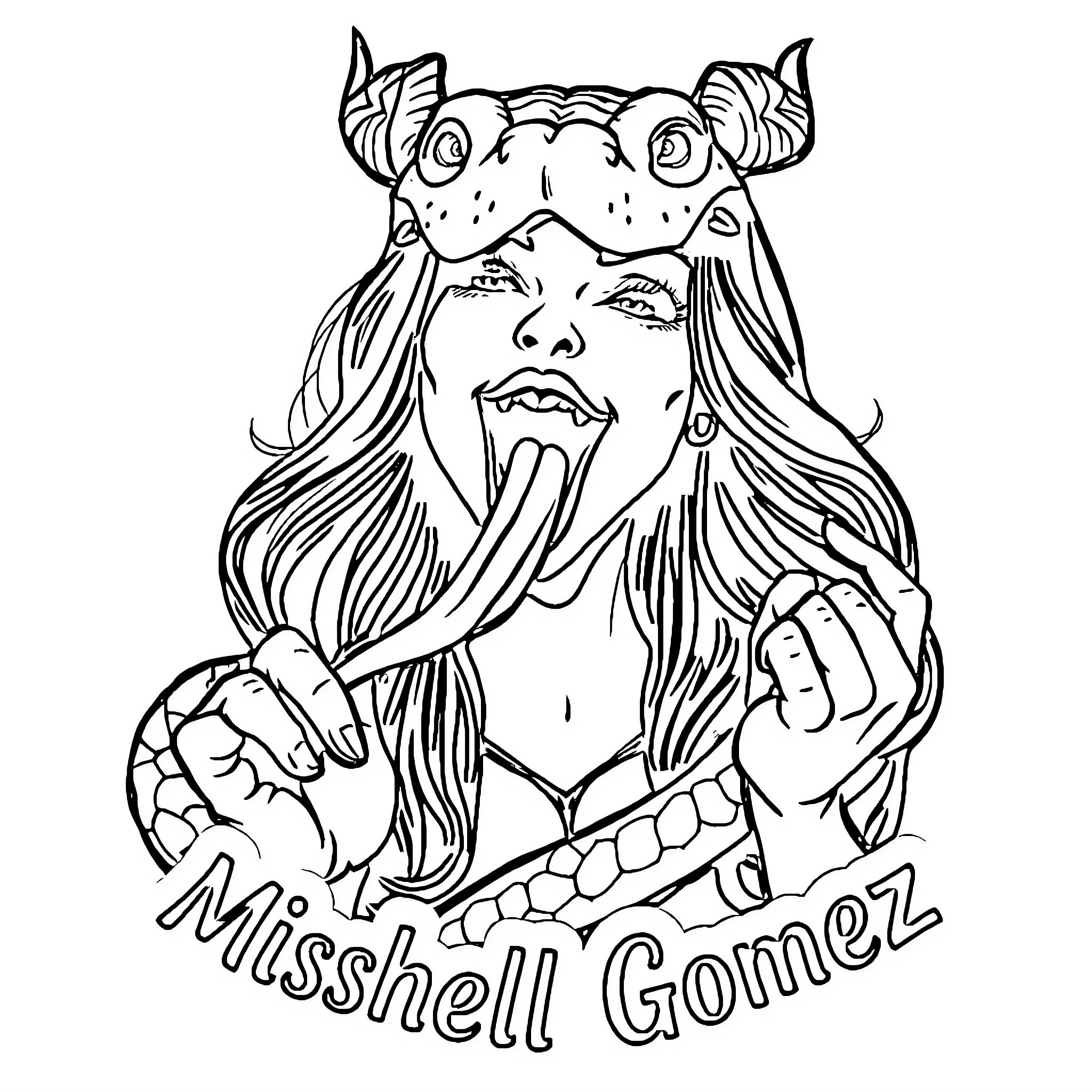 Mishell Gomez - Fierce and Fantastical Figure Coloring Page (free black-and-white line drawing printable PDF for all, from beginners to advanced learners, including children, teens, adults, and seniors)