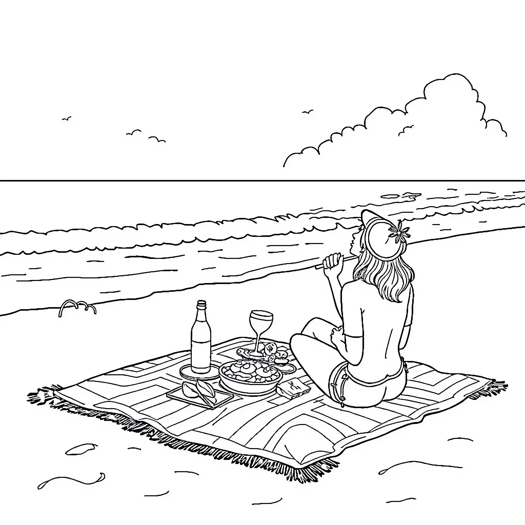 Couple enjoying a picnic at the beach Coloring Page (free black-and-white line drawing printable PDF for all, from beginners to advanced learners, including children, teens, adults, and seniors)