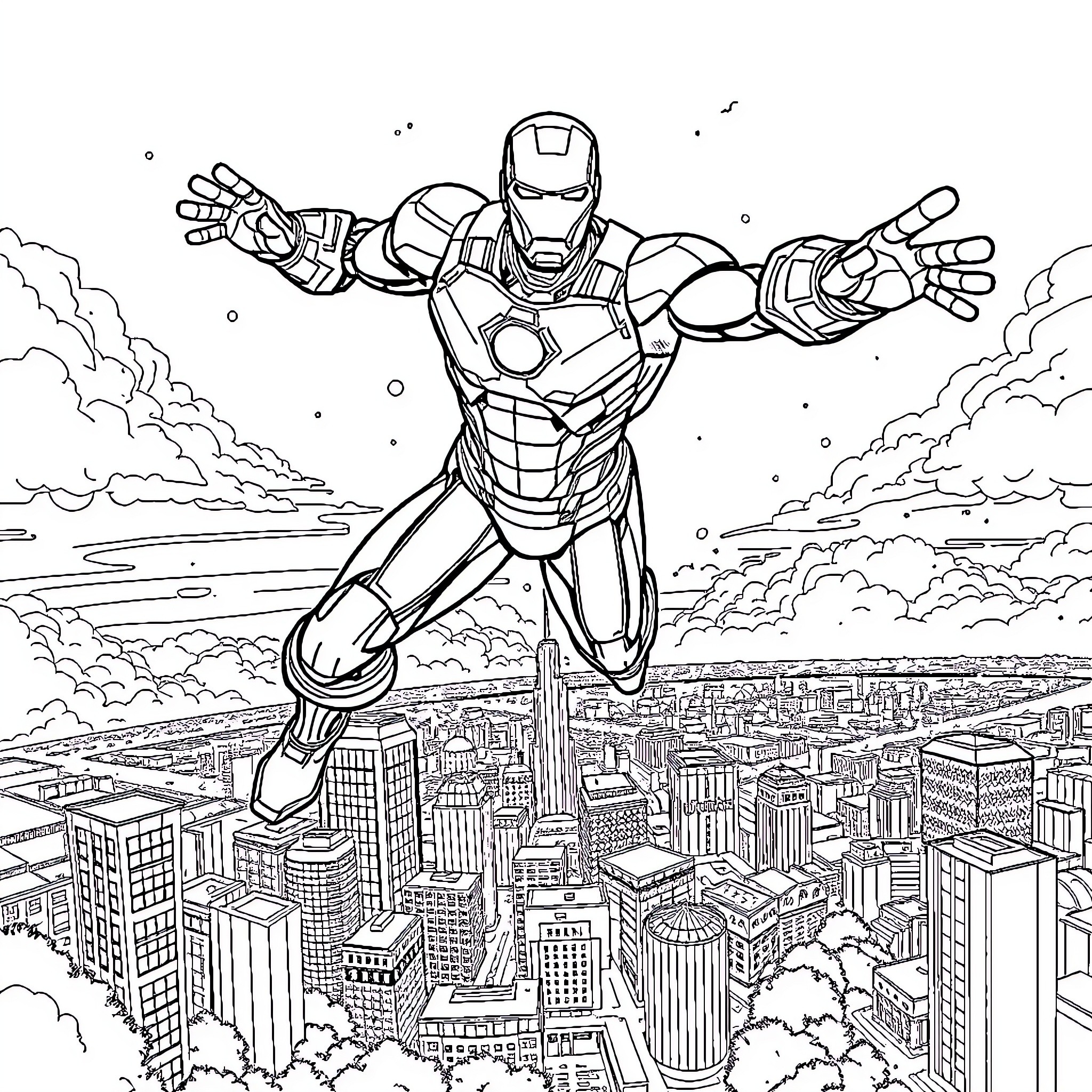 Ironman flying over the city with outstretched arms Coloring Page (free black-and-white line drawing printable PDF for all, from beginners to advanced learners, including children, teens, adults, and seniors)