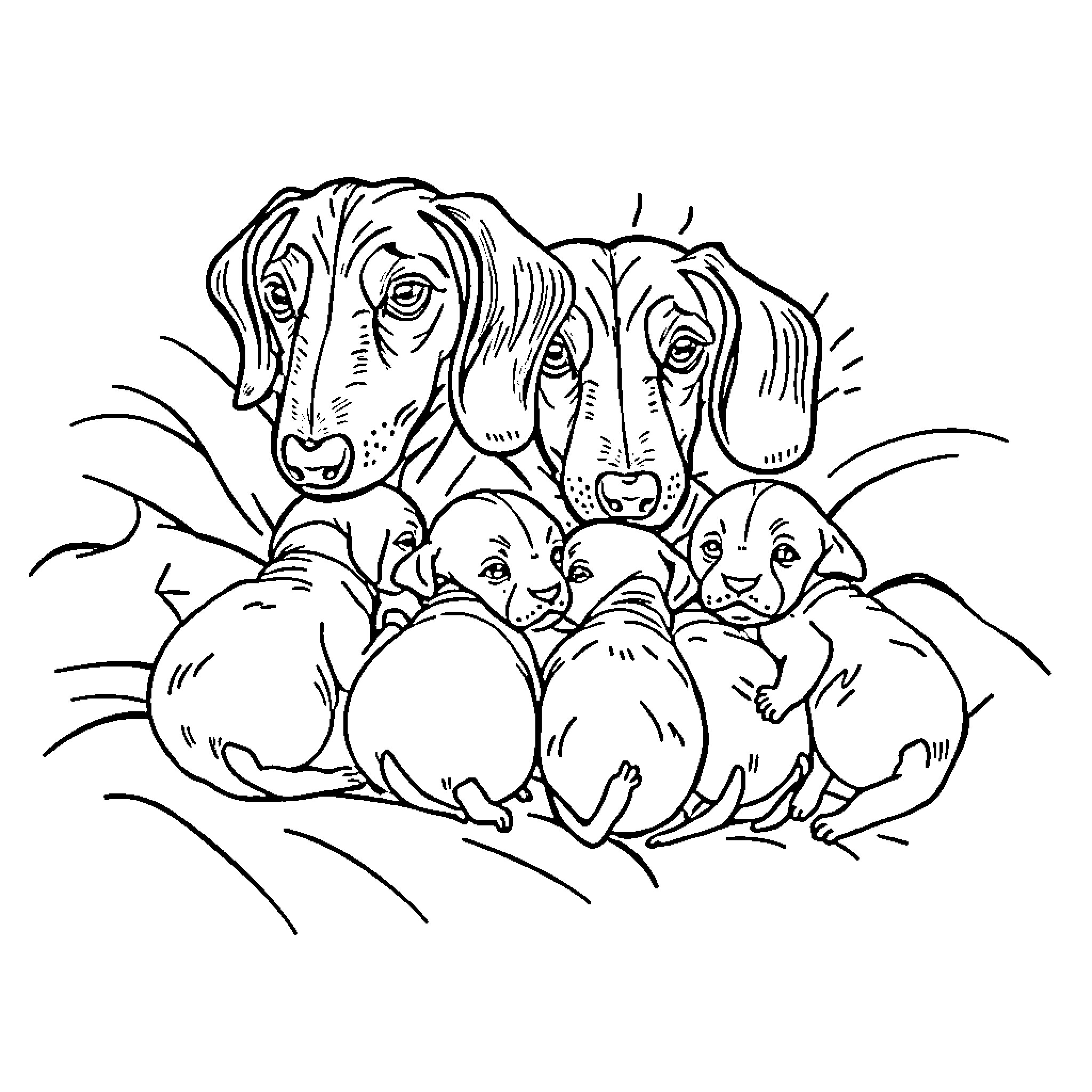 Dachshund parents with their puppies Coloring Page (free black-and-white line drawing printable PDF for all, from beginners to advanced learners, including children, teens, adults, and seniors)
