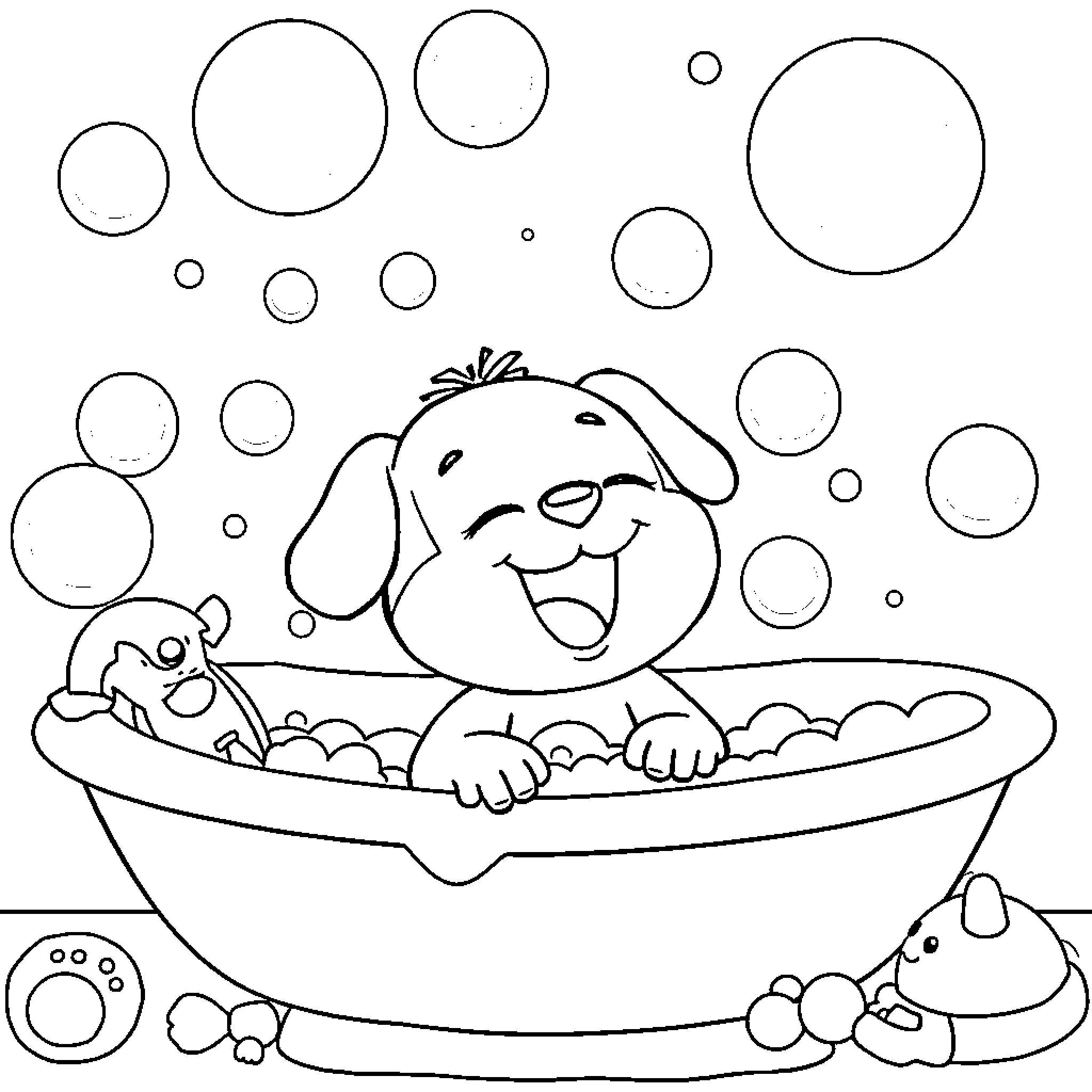 Rummi's Bubble Bath Bliss Coloring Page (free black-and-white line drawing printable PDF for all, from beginners to advanced learners, including children, teens, adults, and seniors)