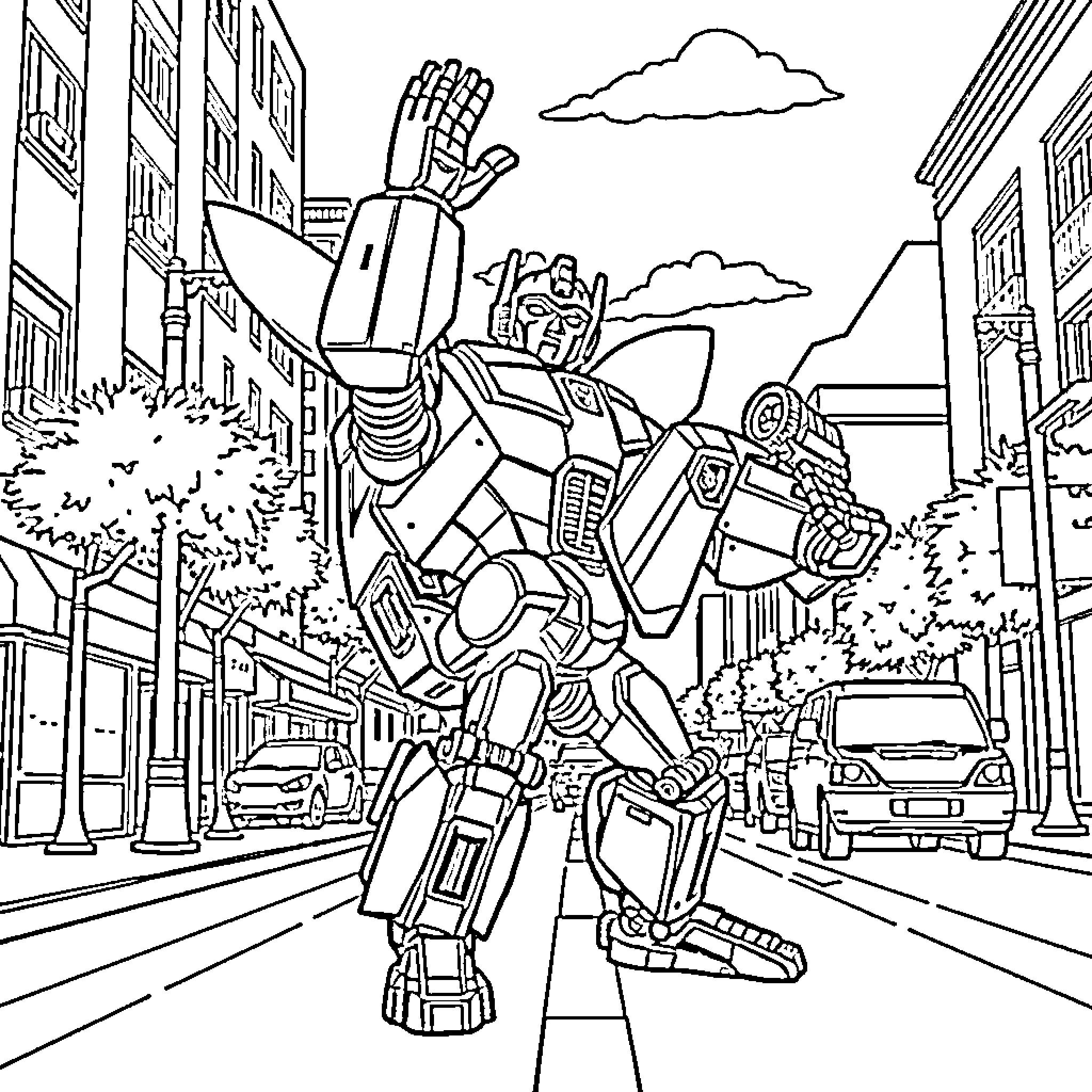 Transformer battles heroically through the city streets Coloring Page (free black-and-white line drawing printable PDF for all, from beginners to advanced learners, including children, teens, adults, and seniors)