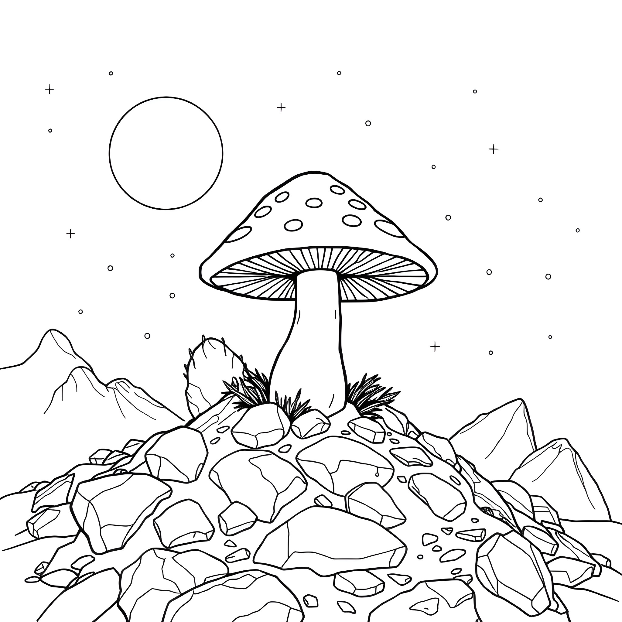 Mushroom amidst rocky landscape under night sky Coloring Page (free black-and-white line drawing printable PDF for all, from beginners to advanced learners, including children, teens, adults, and seniors)