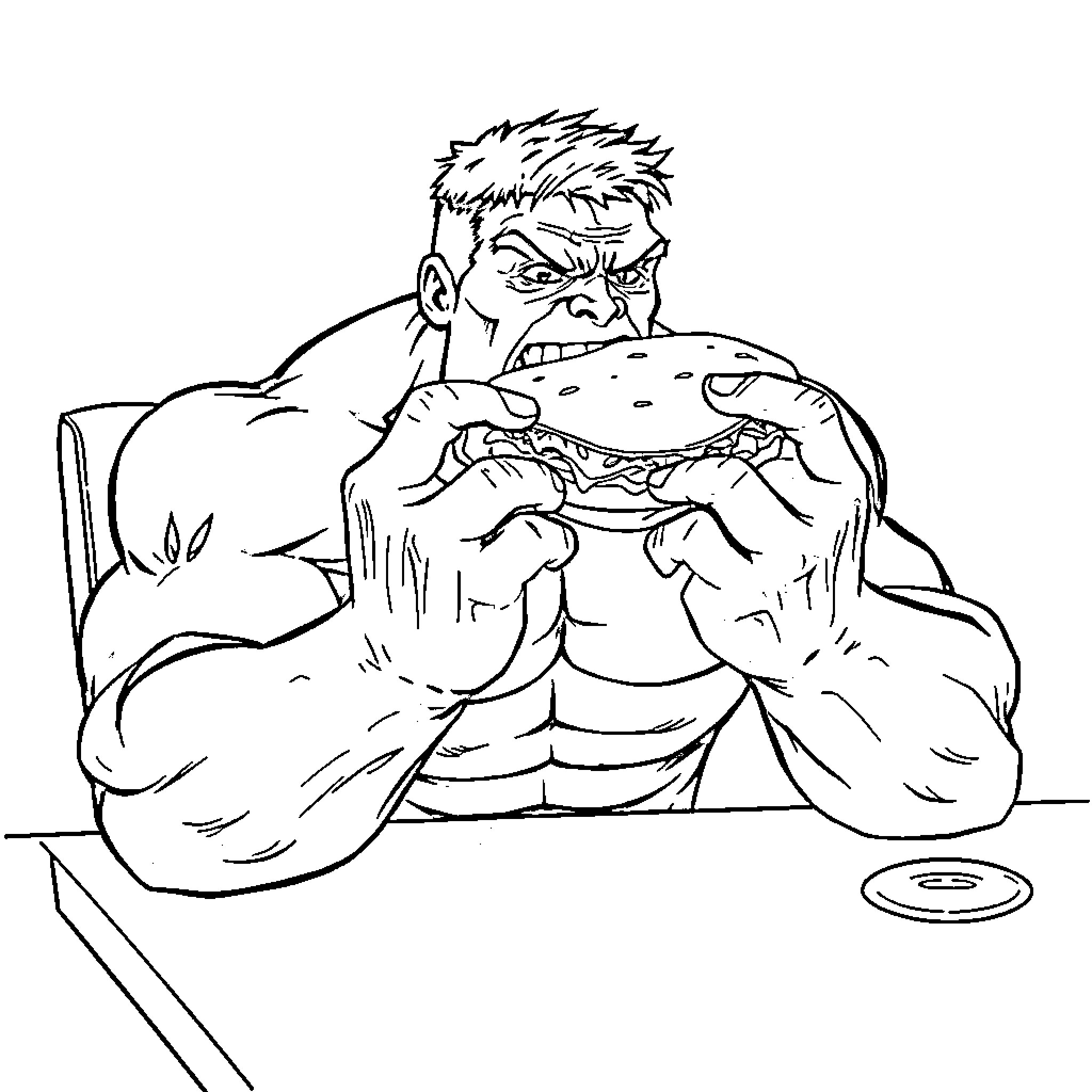 Hulk Enjoys a Hearty Meal Coloring Page (free black-and-white line drawing printable PDF for all, from beginners to advanced learners, including children, teens, adults, and seniors)